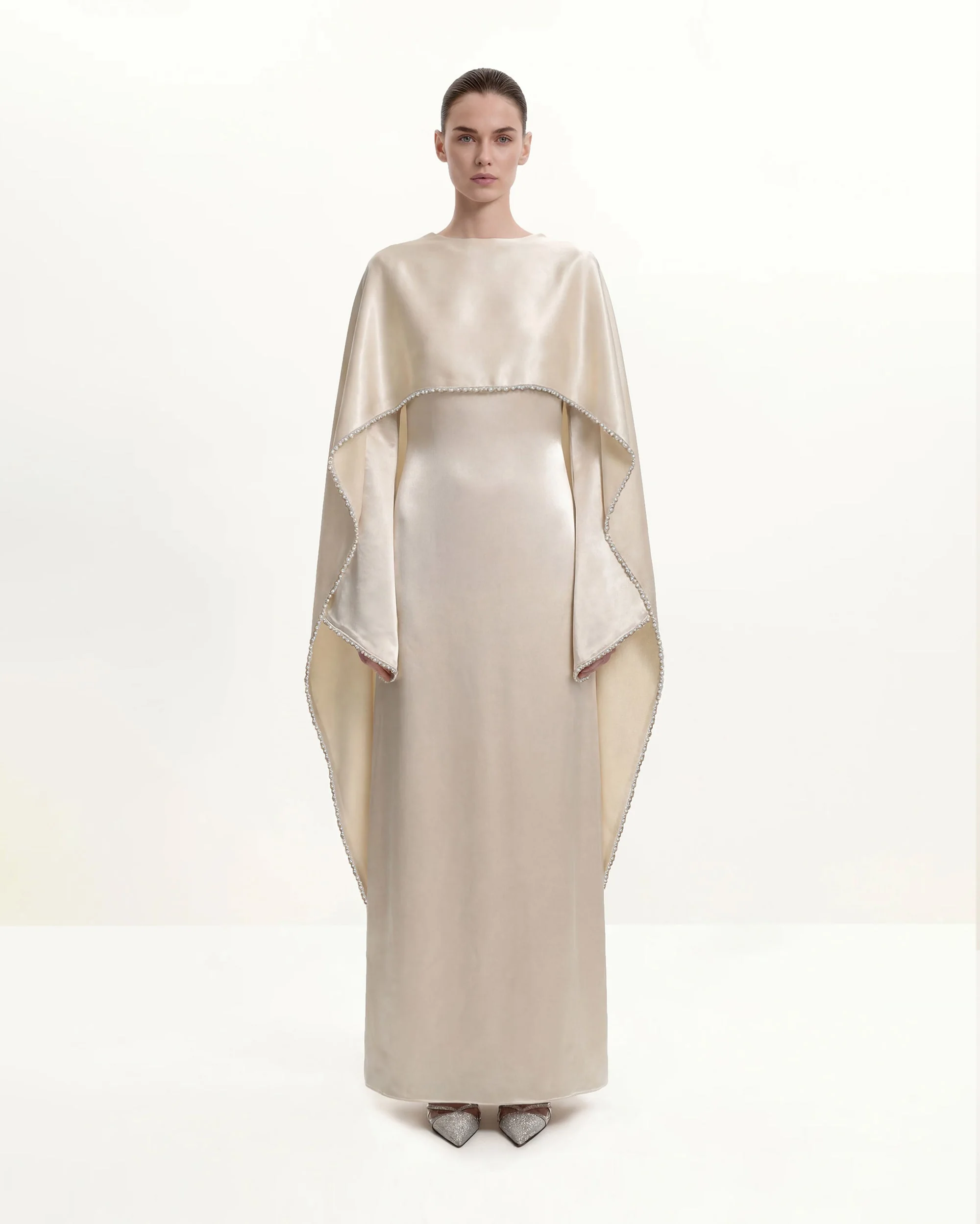 198Pearl-Trimmed Cape Sleeve Boat Neck Maxi Gown - Cream