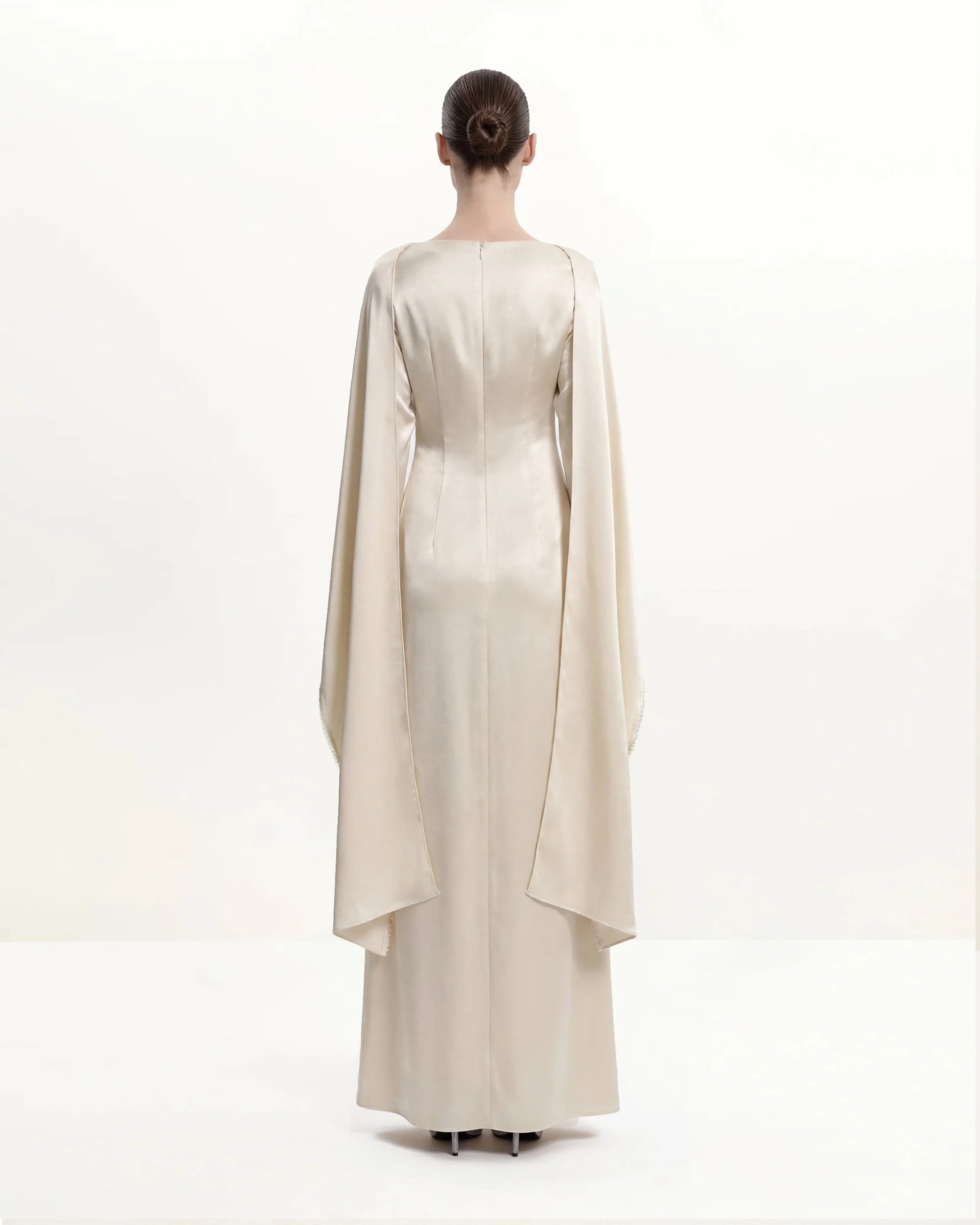 198Pearl-Trimmed Cape Sleeve Boat Neck Maxi Gown - Cream - Image 2