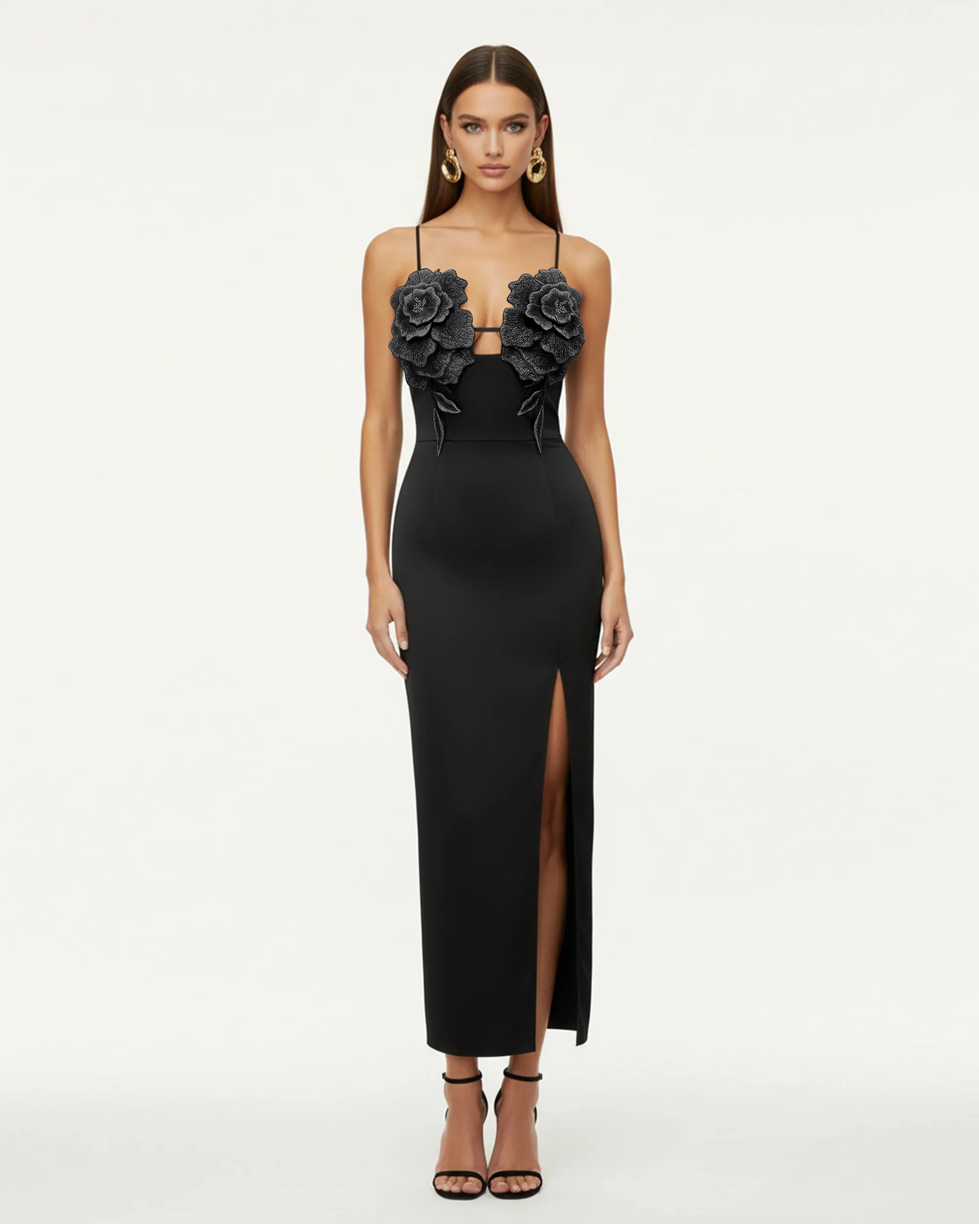 3D Floral Strappy Maxi Dress - Black