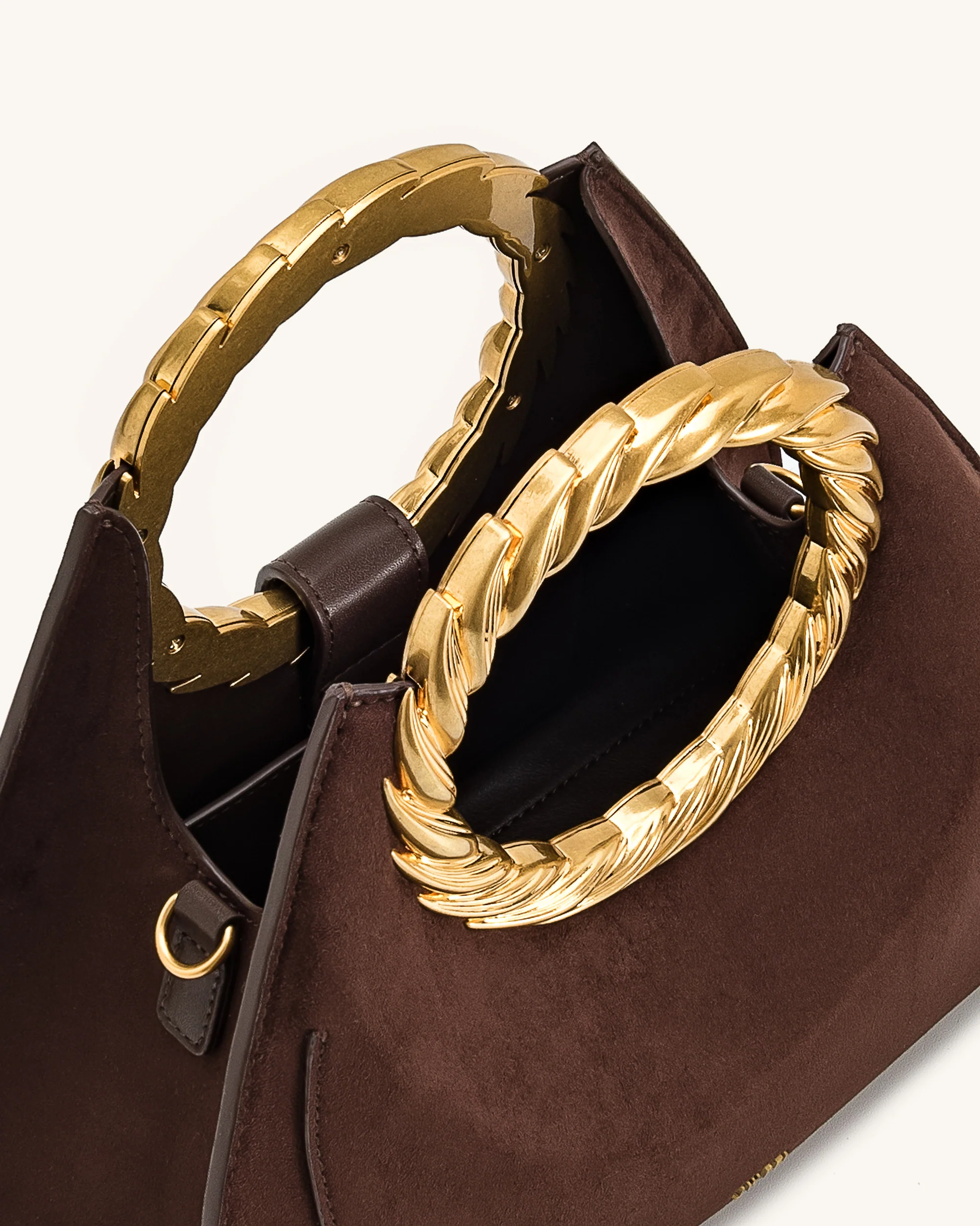 Amiya Leaf Handle Faux Suede Sculpture Bag - Mocha Brown - Image 4