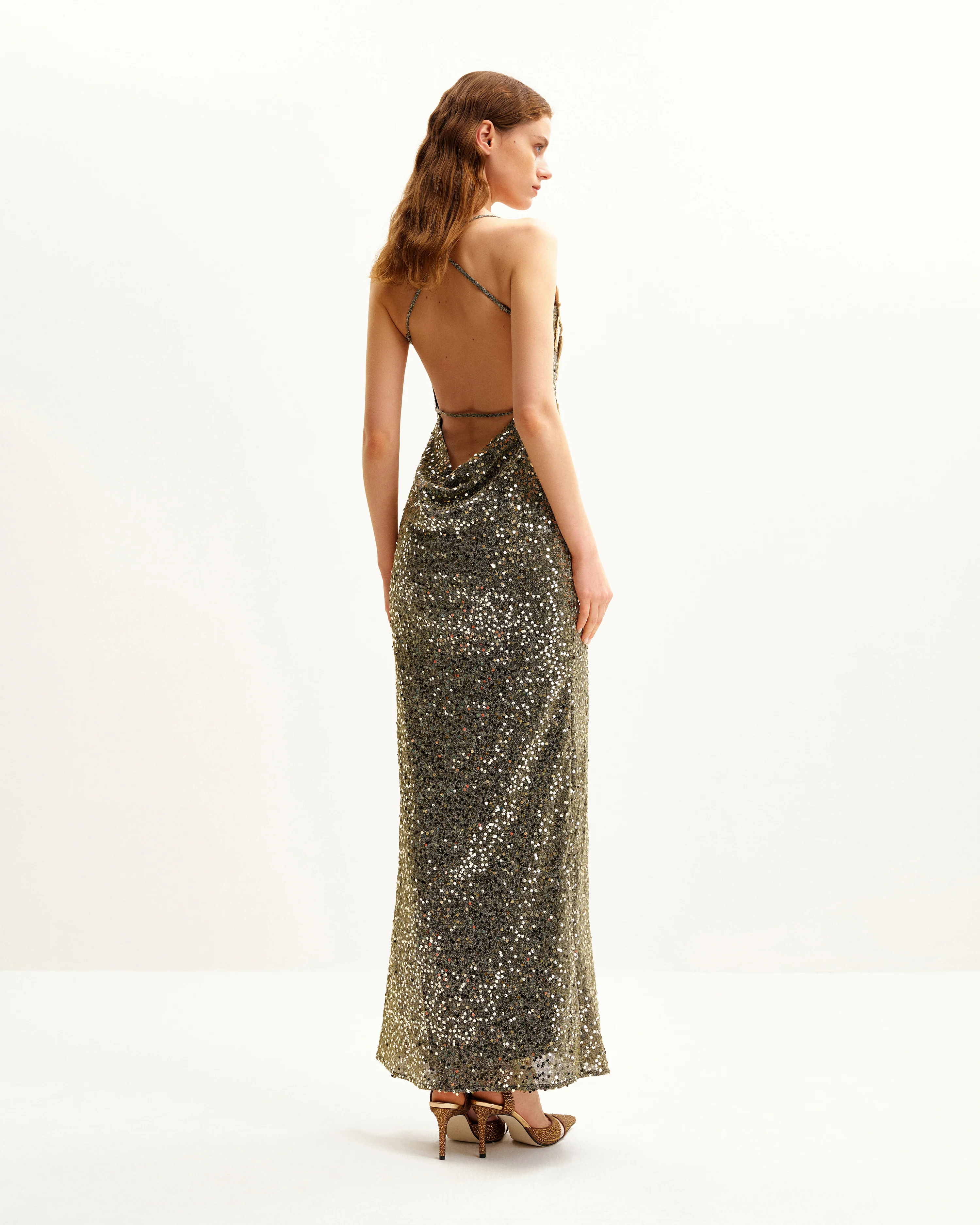 Araminta Sequined Gown with Floral Details - Gold - Image 2