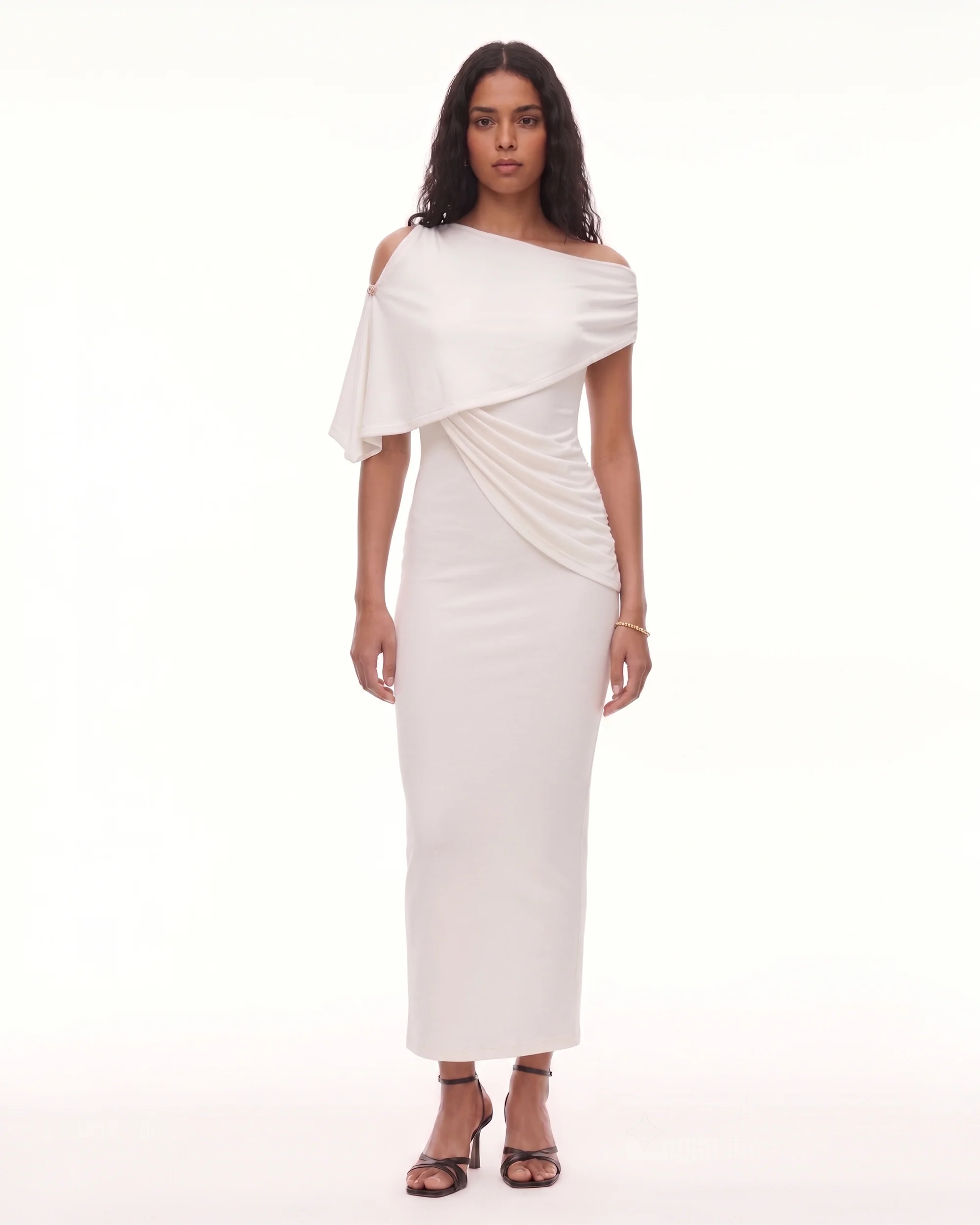 Asymmetric Shoulder Draped Cape Midi Dress - Ivory - Image 2