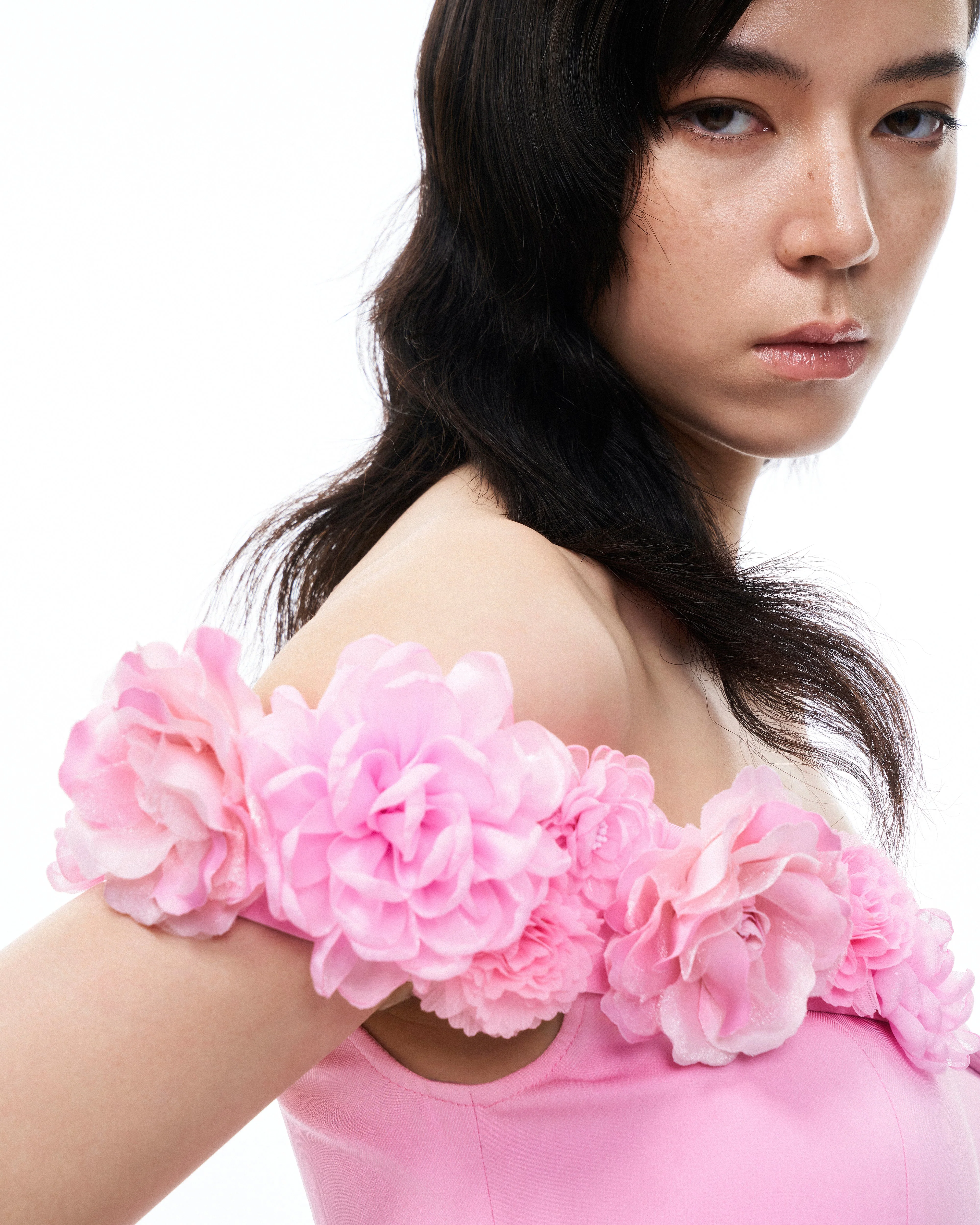 Aurelius Wrap-Around Shoulder 3D Floral Mini Dress - Pink - Image 6