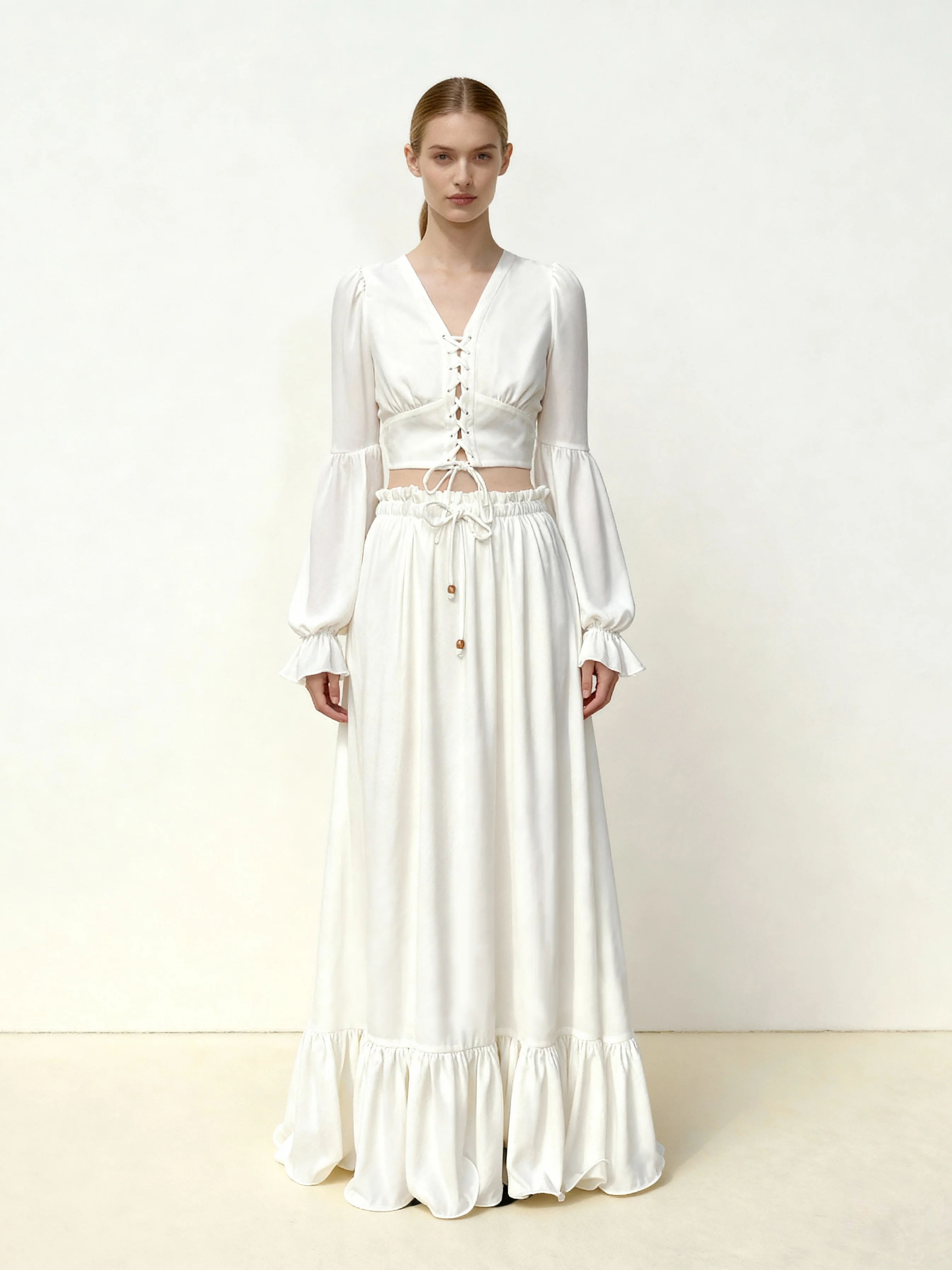 Chiffon Lantern-Sleeve Tie-Front Cropped Blouse - White - Image 2