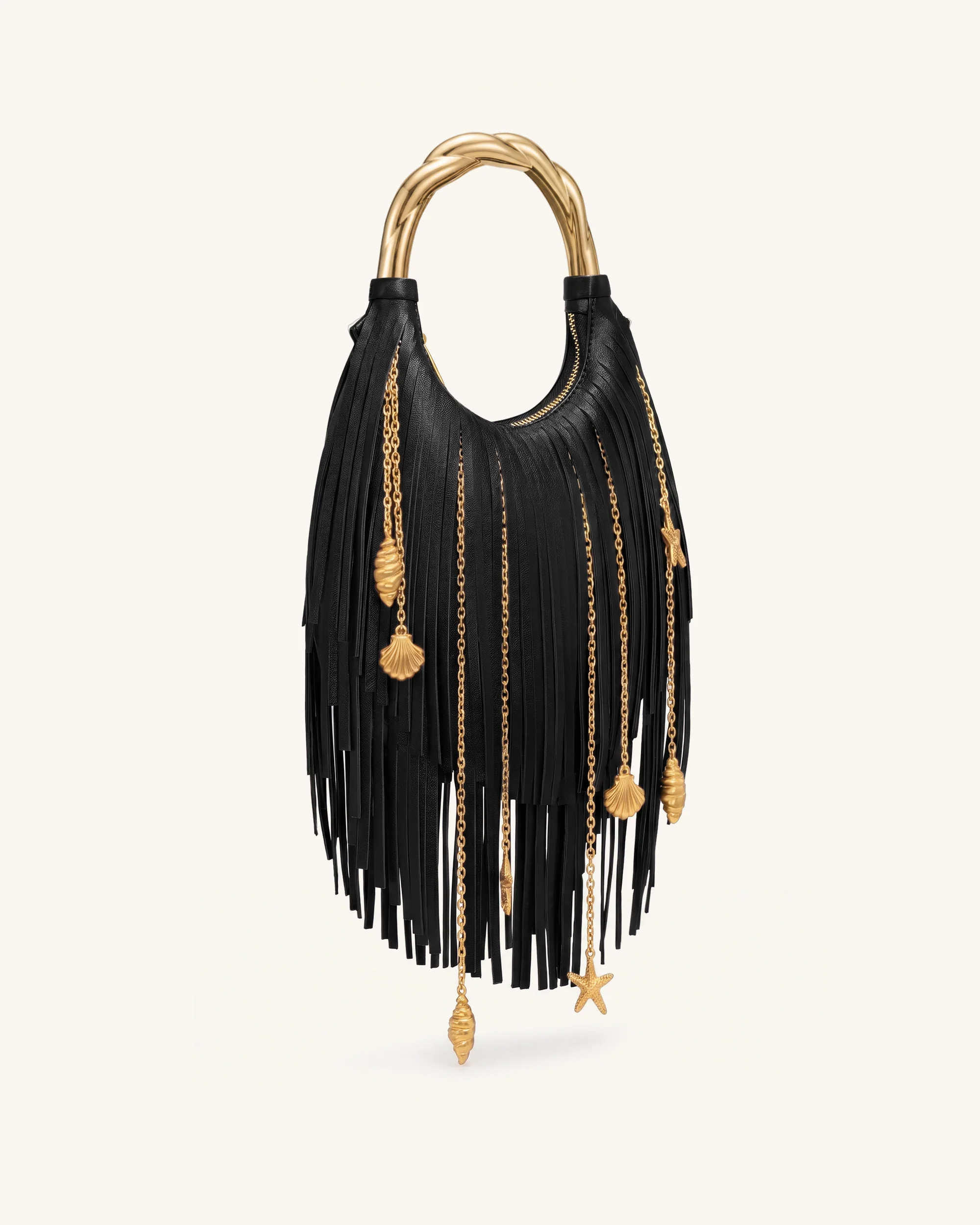 Chloe Metal Handle Fringe Top Handbag - Black - Image 2