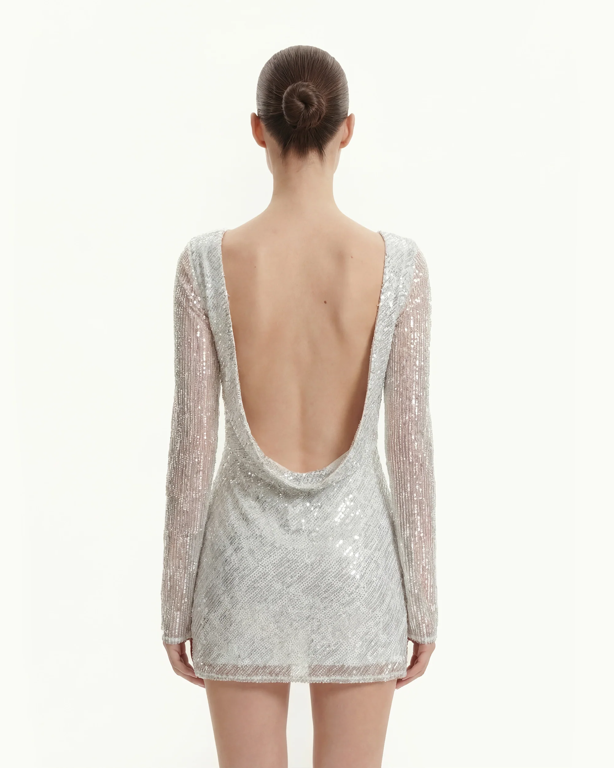 Diagonal Sequin Open-Back Long Sleeve Mini Dress - White - Image 3