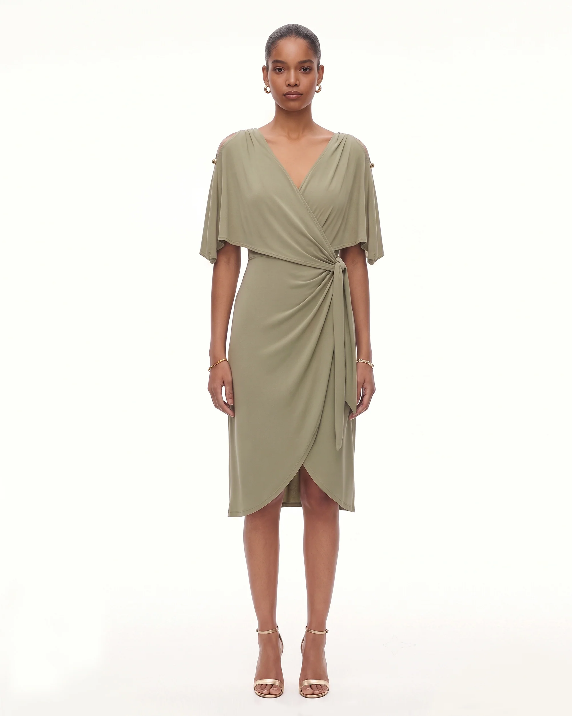 Draped Wrap Cape Sleeve Midi Dress - Olive Green