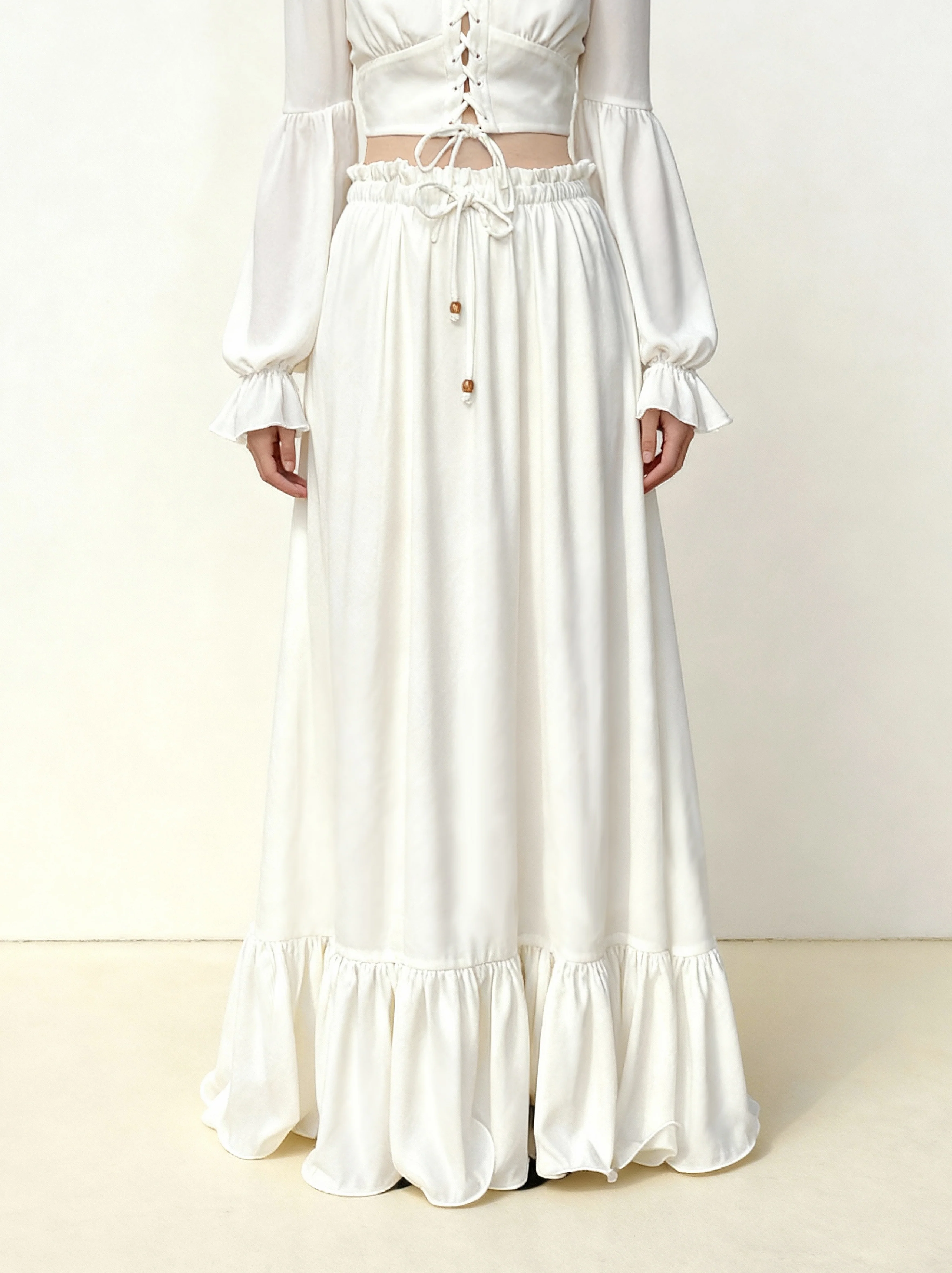 Drawstring Chiffon Maxi Skirt - White