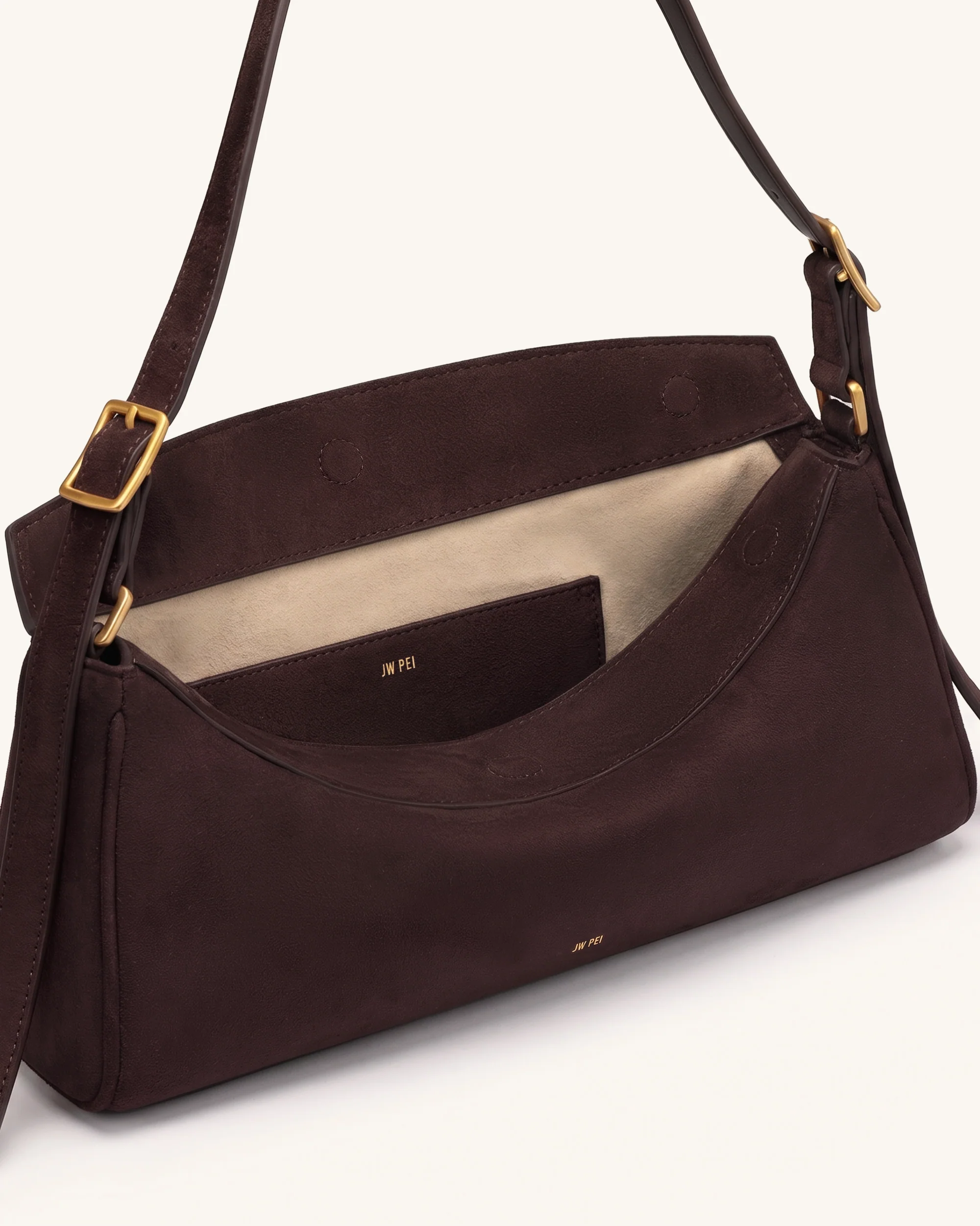 Elowen Faux Suede East-West Shoulder Bag - Dark Brown - Image 4