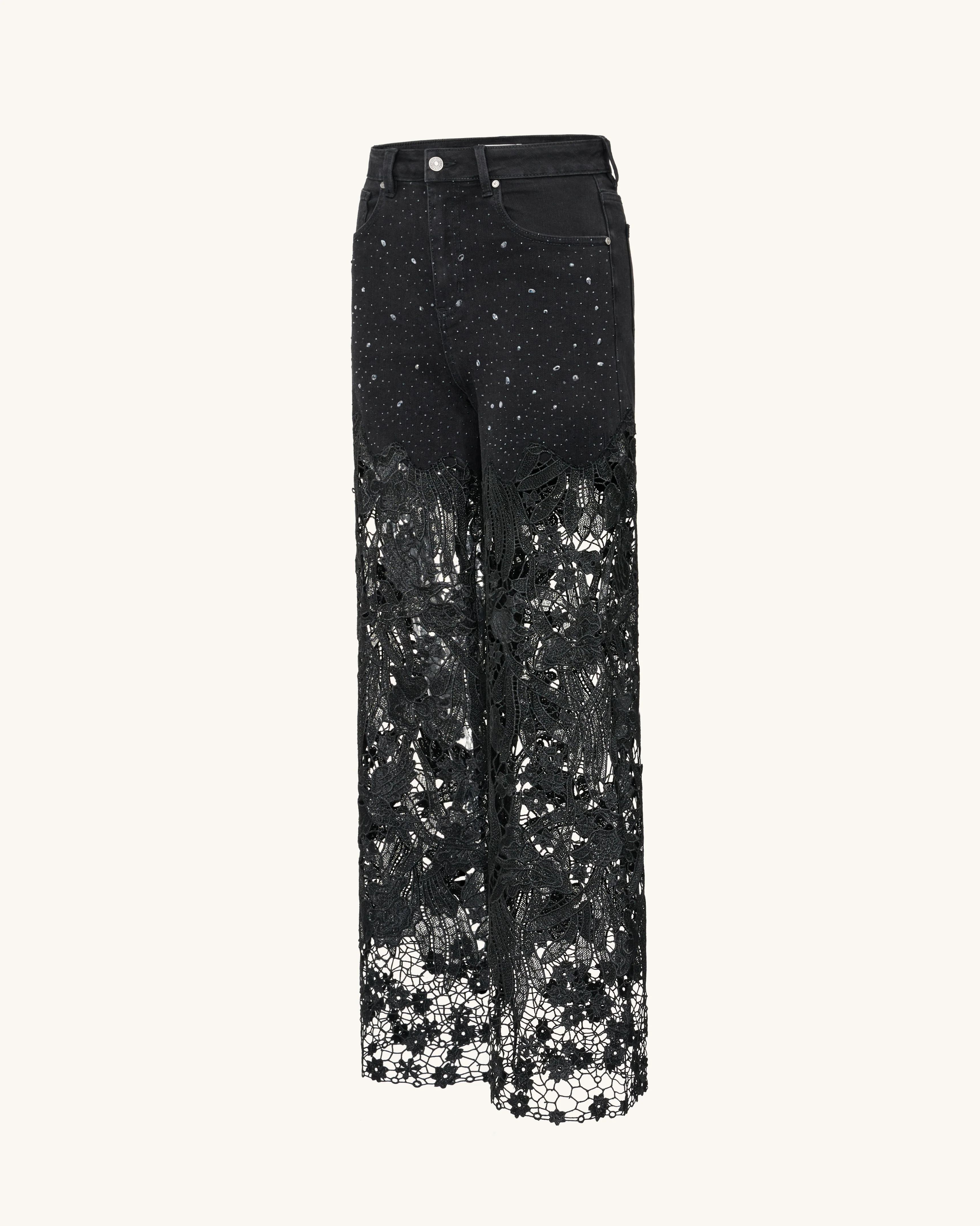 Embroidery High Rise Wide Leg Lace Denim Jeans With Rhinestone - Black - Image 3