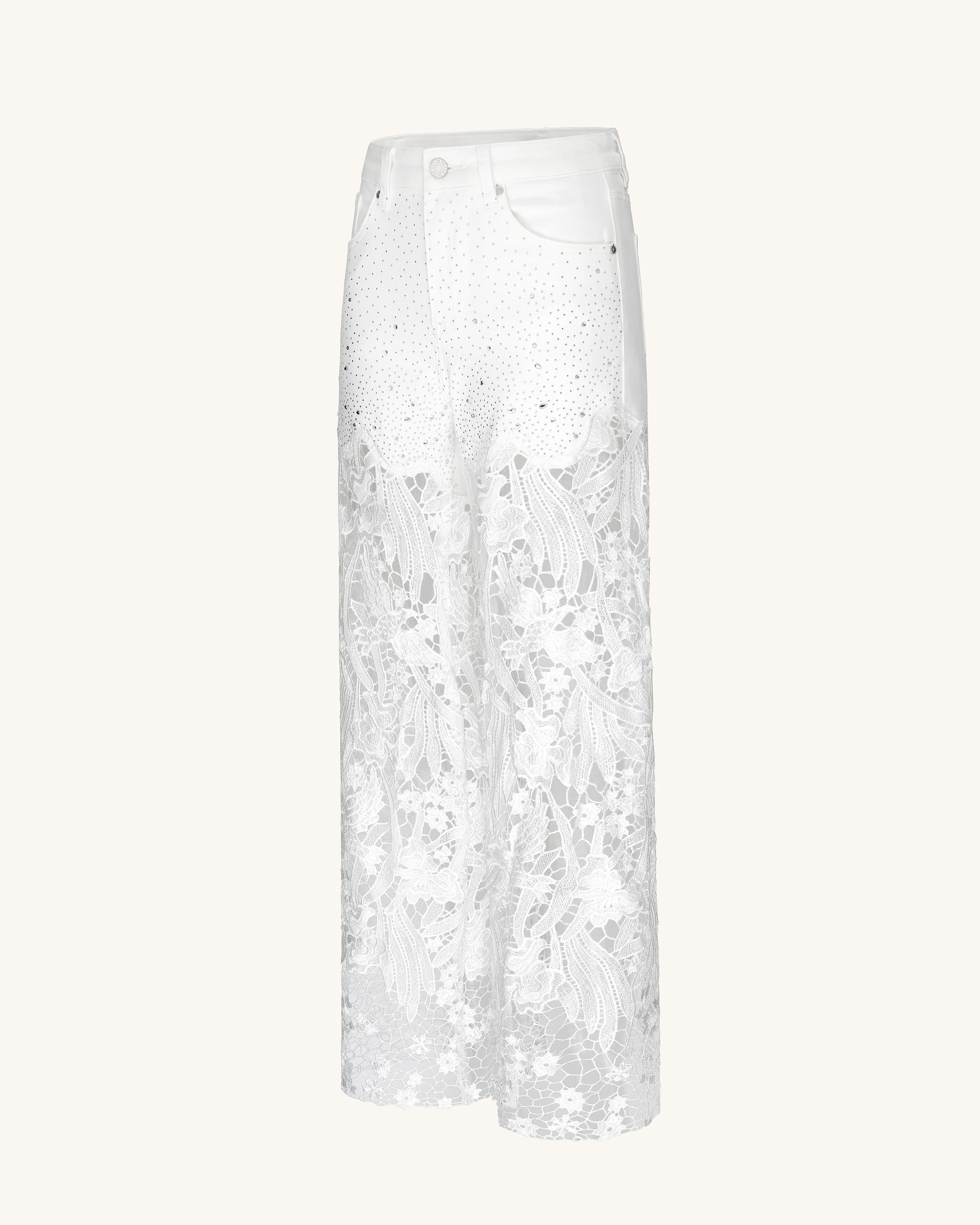 Embroidery High Rise Wide Leg Lace Denim Jeans With Rhinestone - White - Image 3