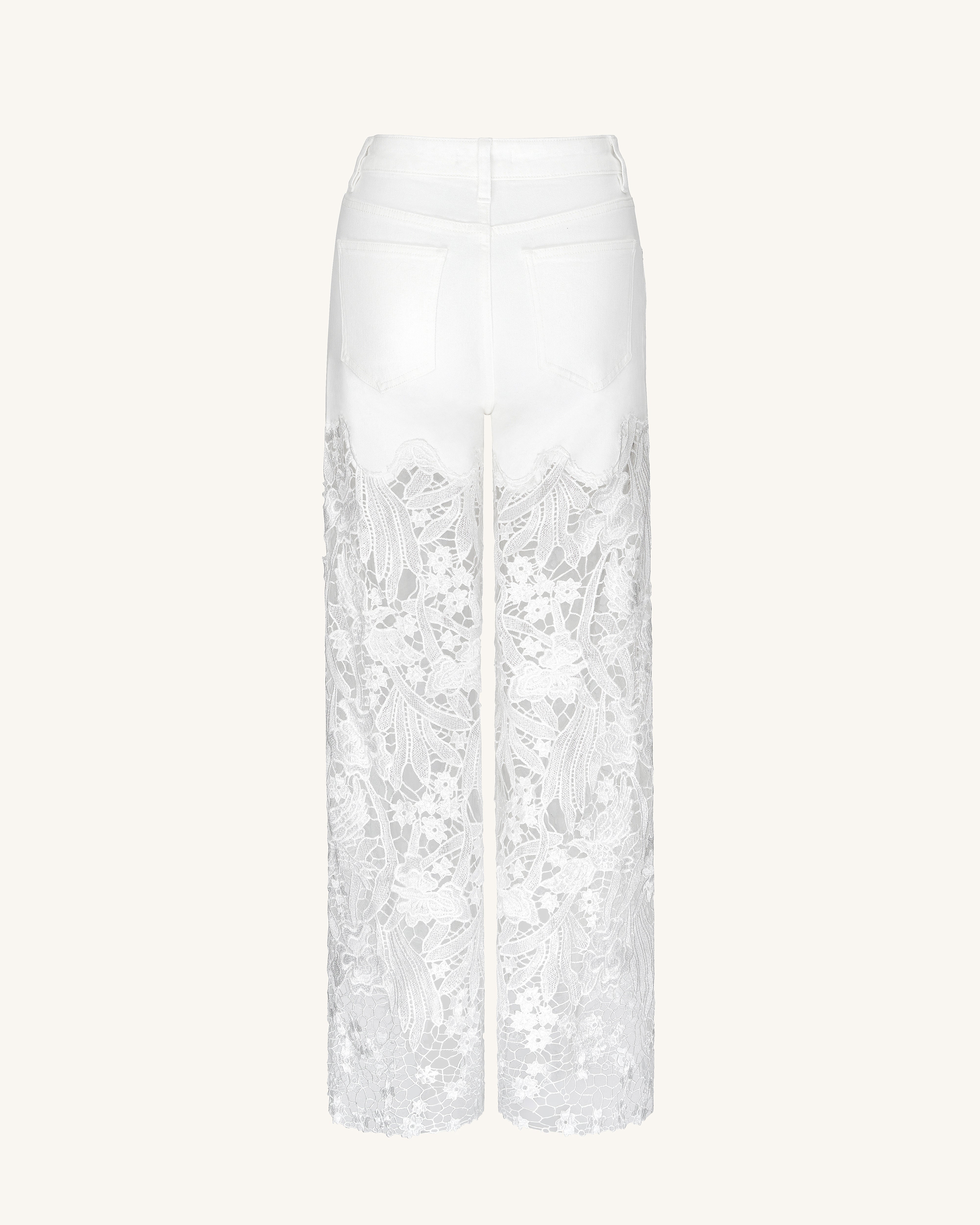 Embroidery High Rise Wide Leg Lace Denim Jeans With Rhinestone - White - Image 4