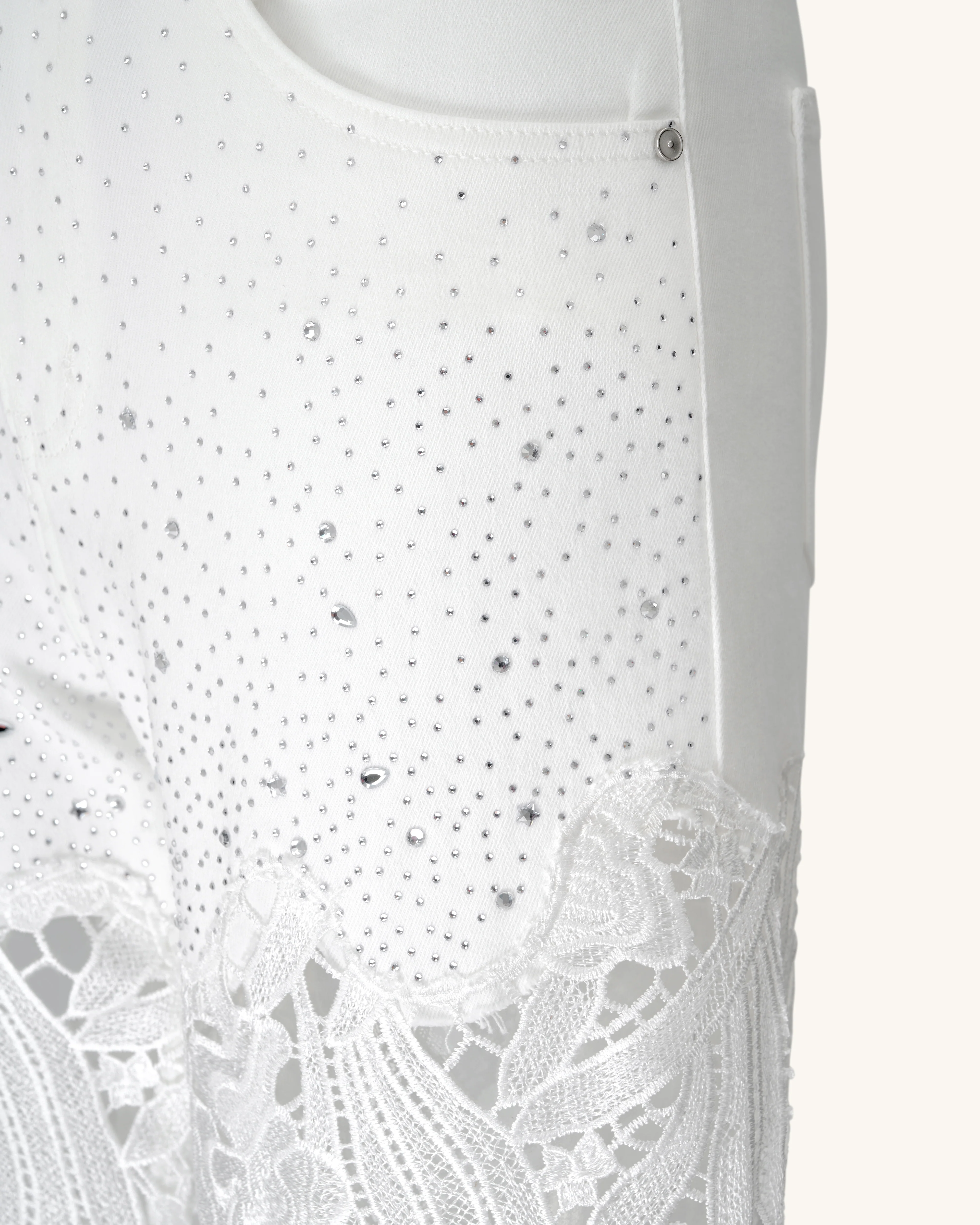 Embroidery High Rise Wide Leg Lace Denim Jeans With Rhinestone - White - Image 5