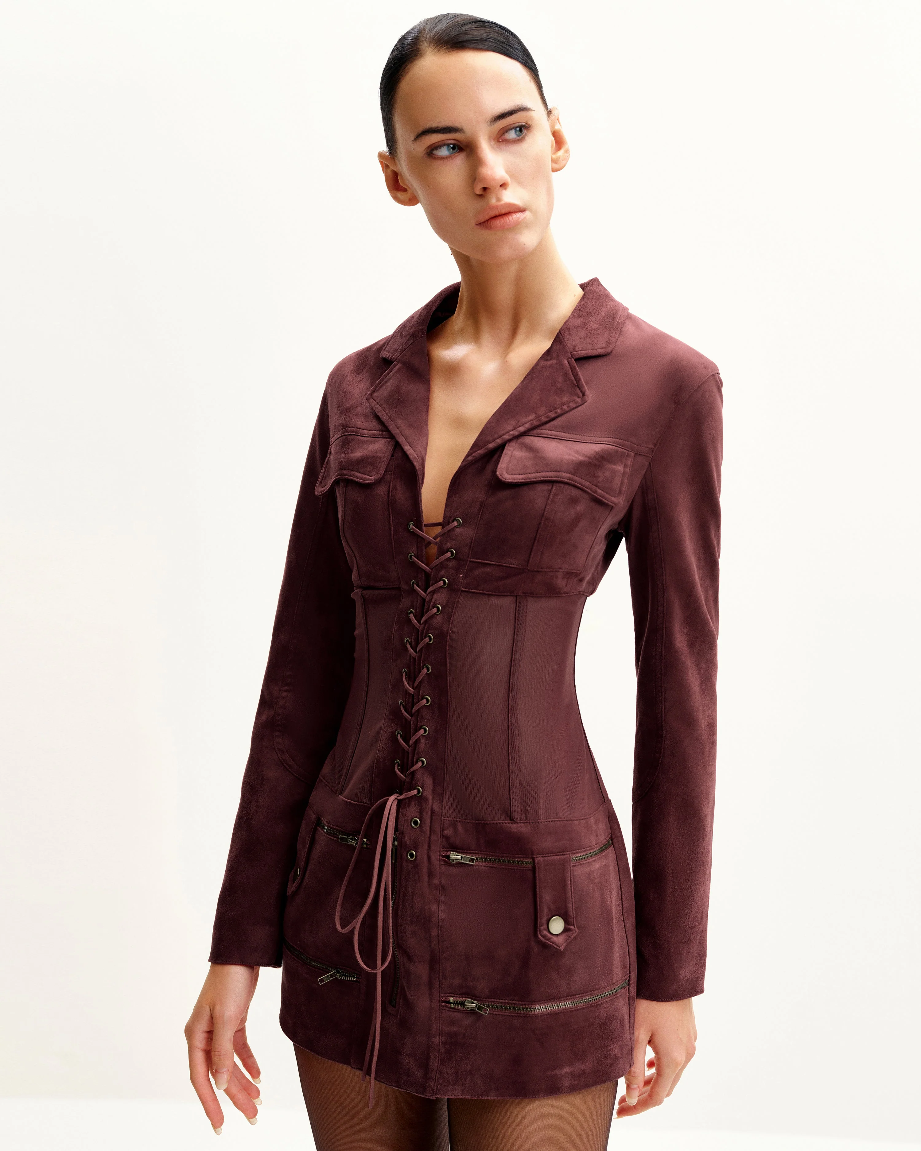 Faux Suede Corset Jacket Mini Dress - Claret - Image 3