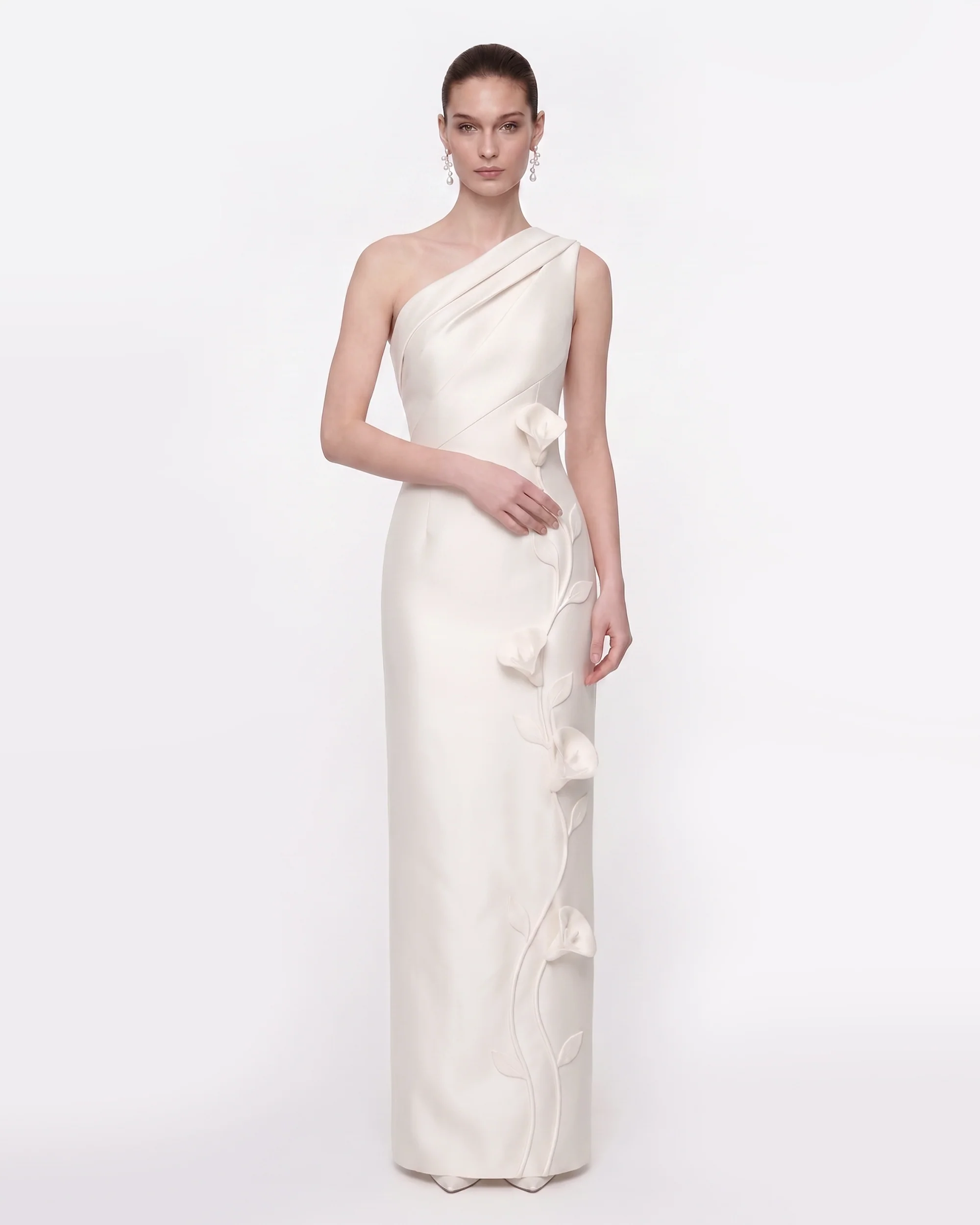 Floral Appliqué One-Shoulder Maxi Dress - White