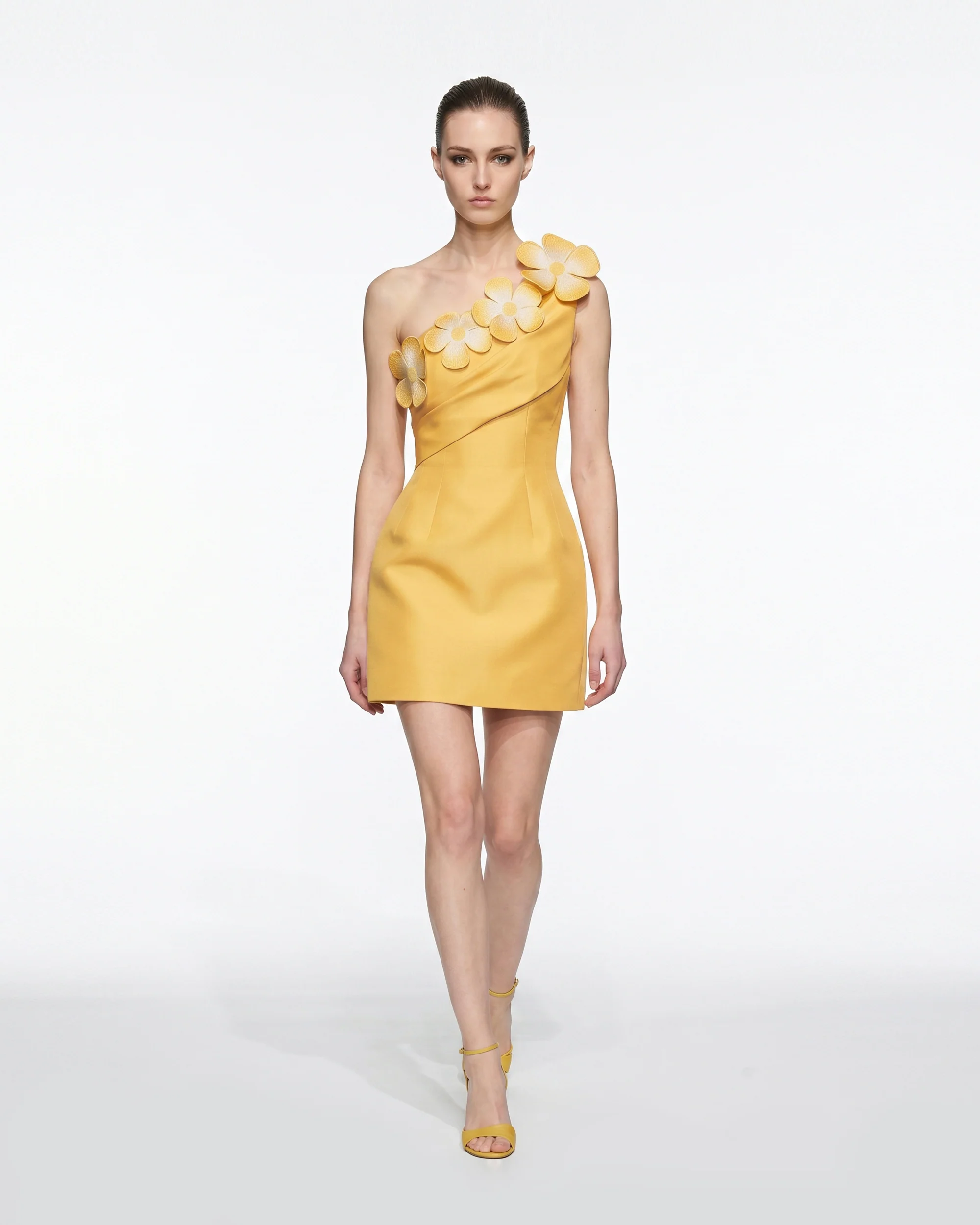 Floral Appliqué One Shoulder Mini Dress - Yellow