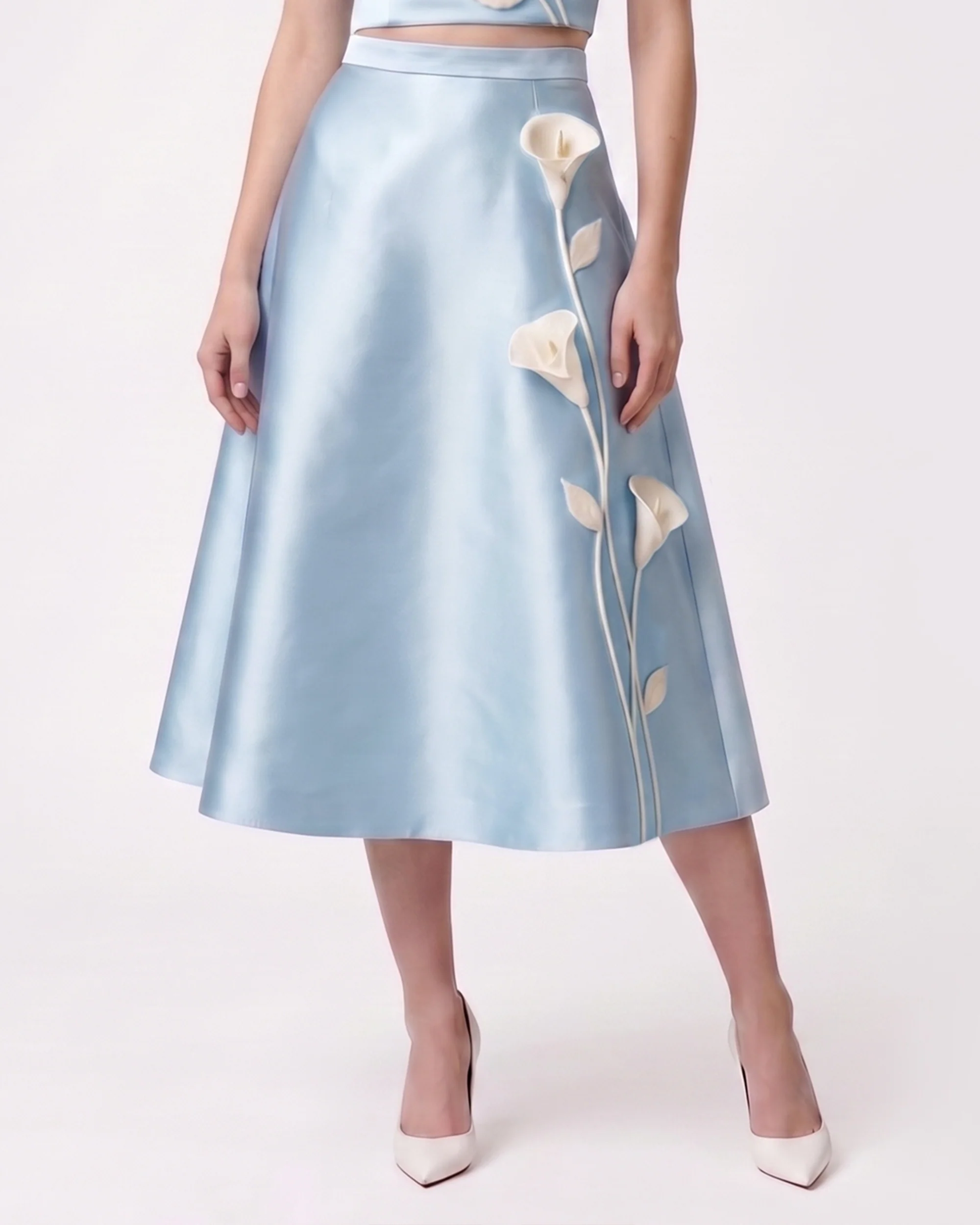 Floral Appliqué Satin Midi Skirt - Light Blue - Image 2