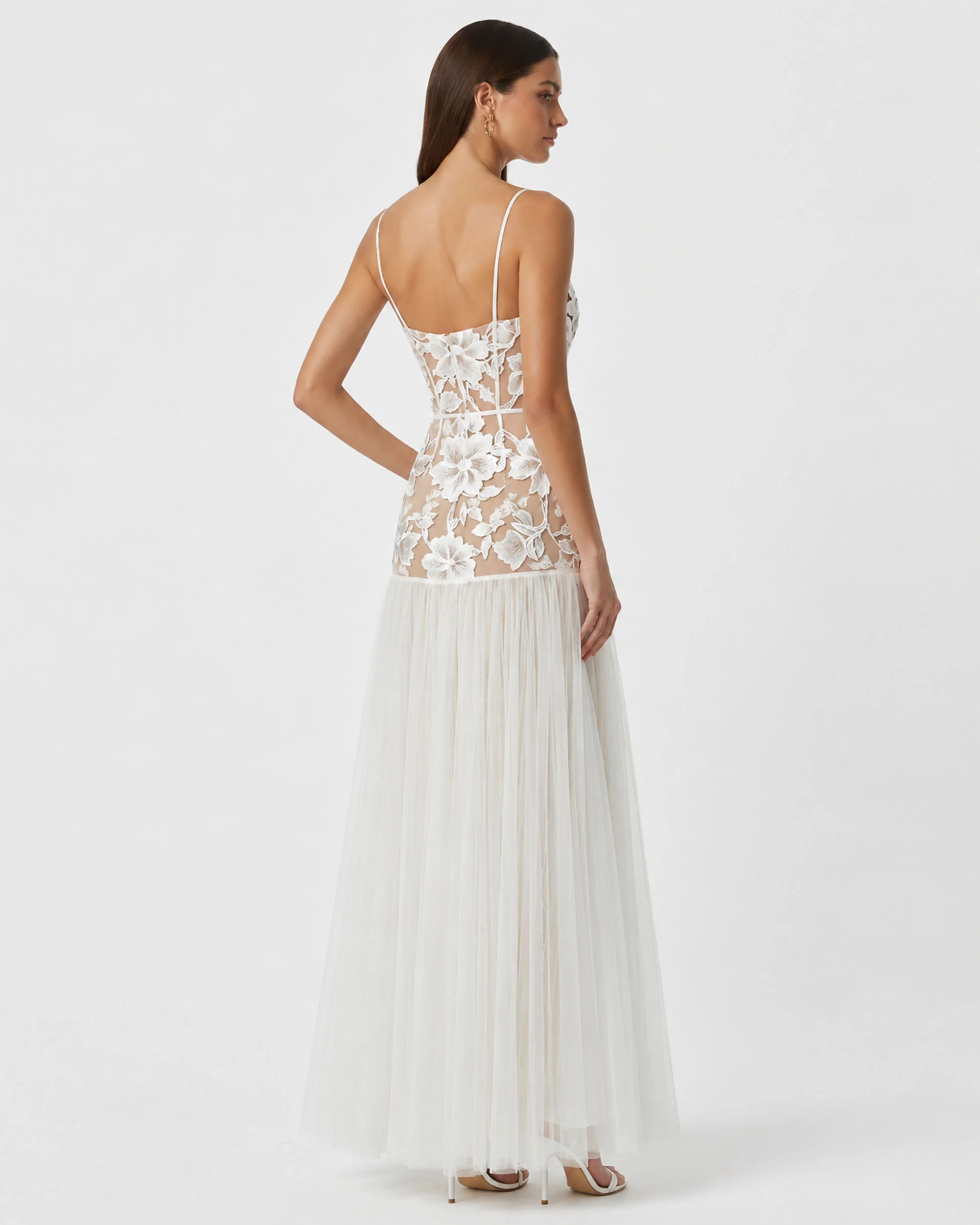 Floral Appliqué Sheer Tulle Maxi Dress - White - Image 2