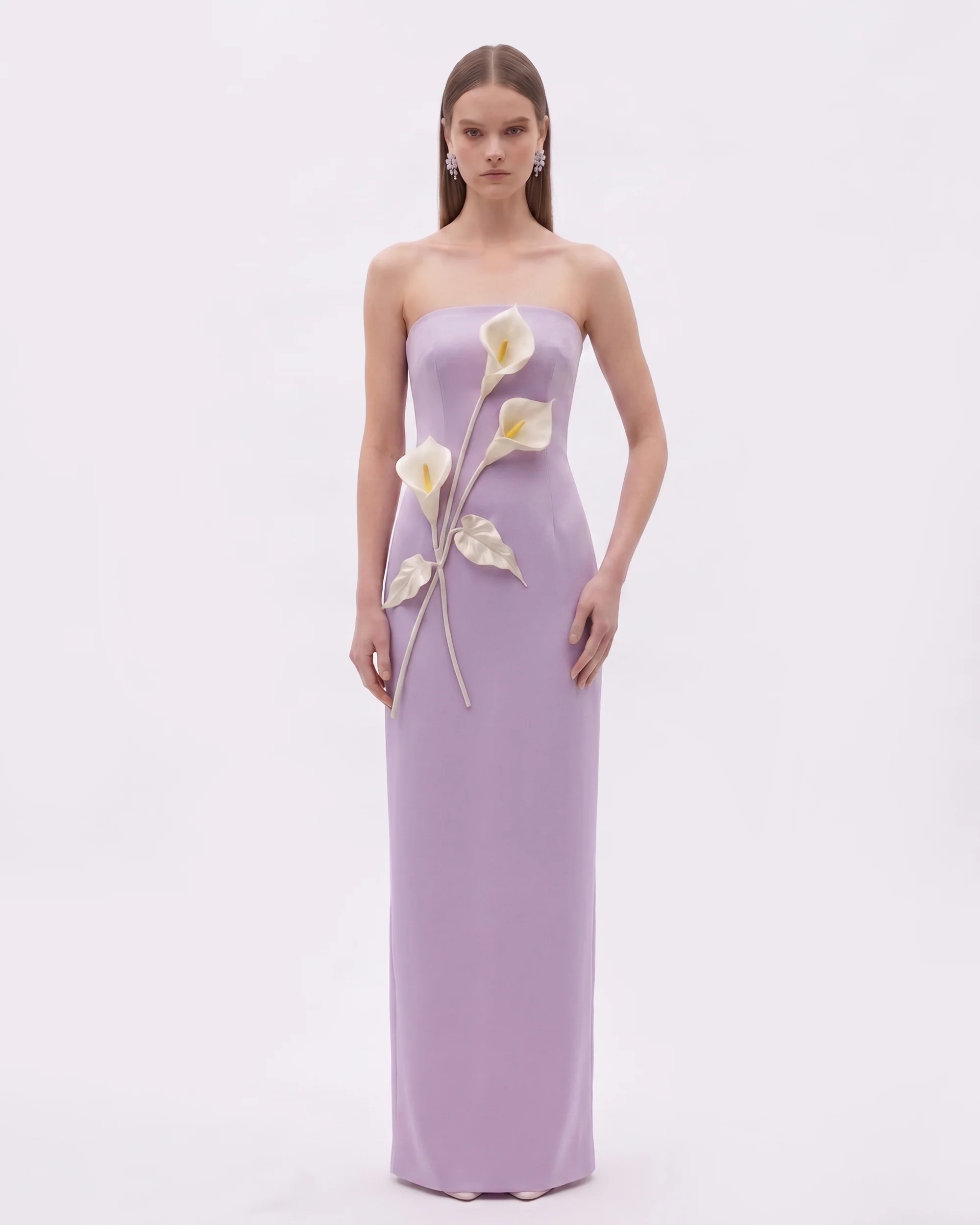 Floral Appliqué Strapless Dress - Purple