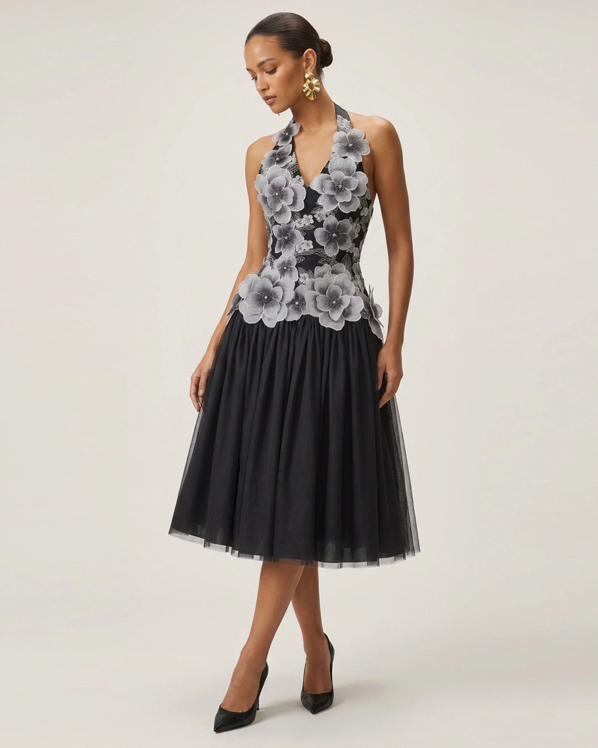 Floral Embroidered Fit-and-Flare Midi Dress - Black - Image 2