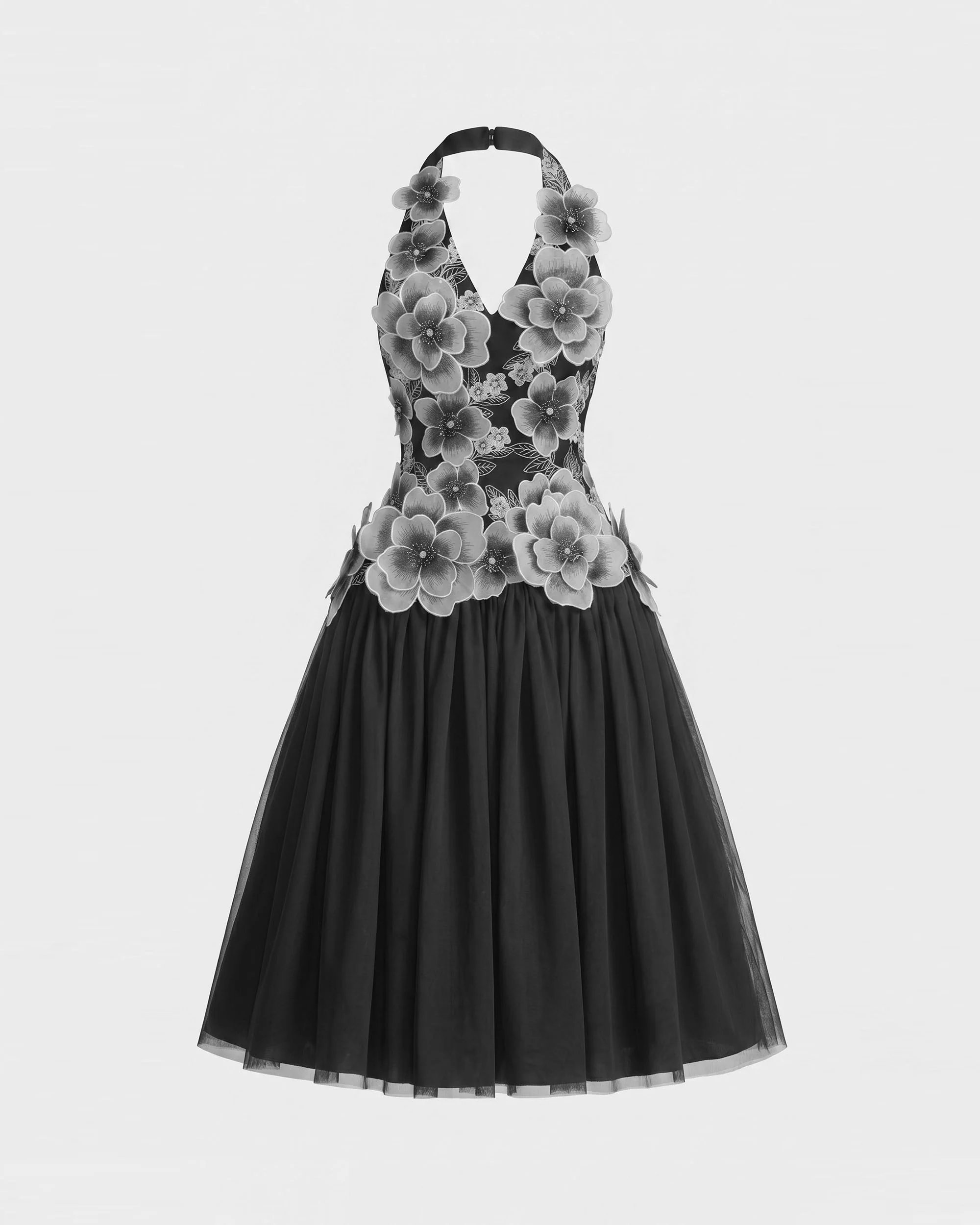 Floral Embroidered Fit-and-Flare Midi Dress - Black - Image 3