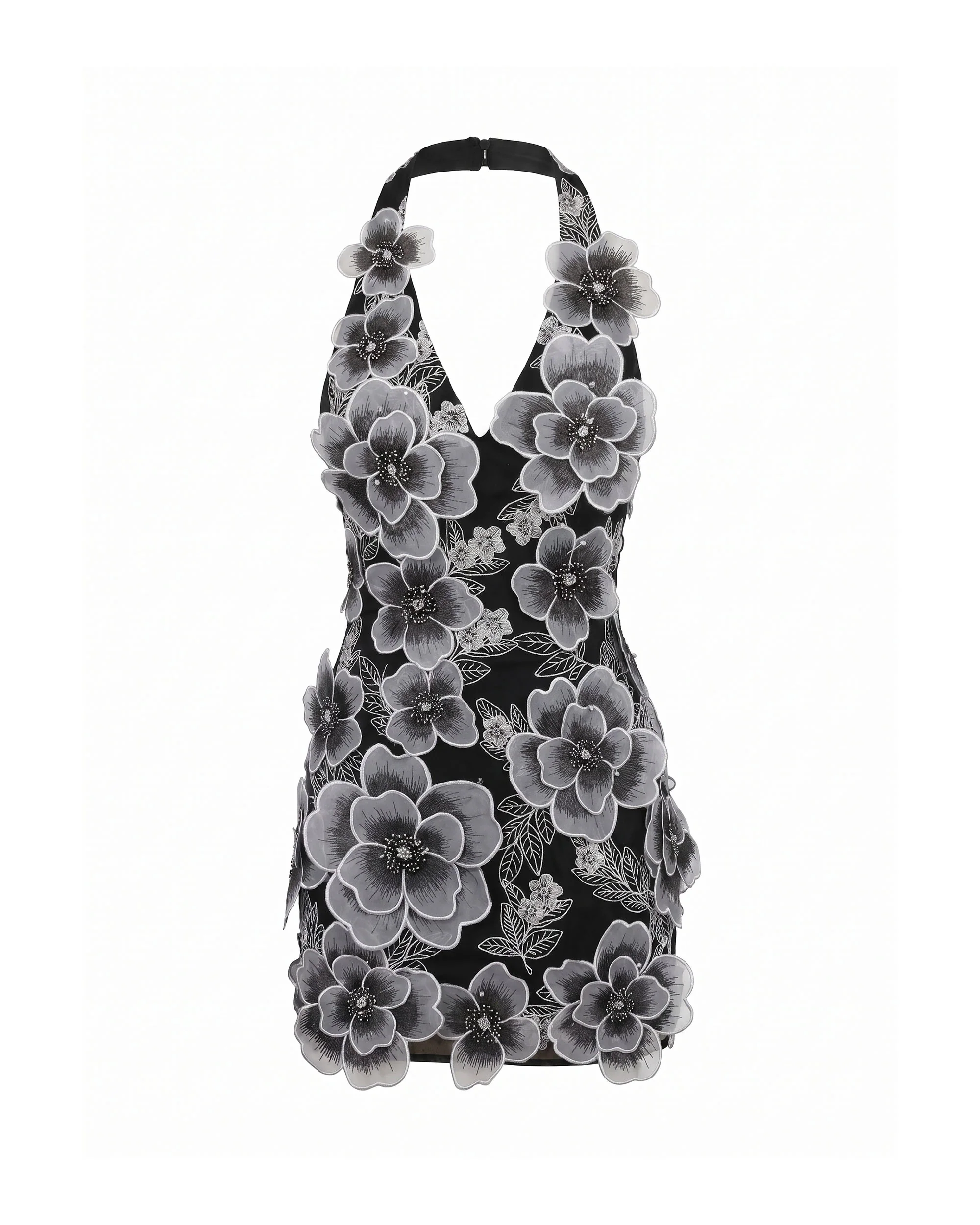 Floral Embroidered Fitted Halter Mini Dress - Black - Image 3