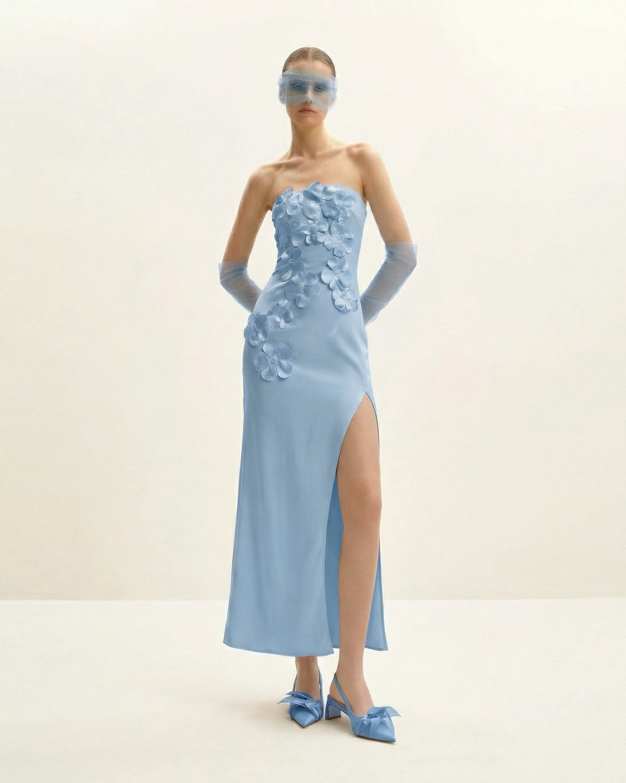 Floral Embroidered Long Dress - Blue