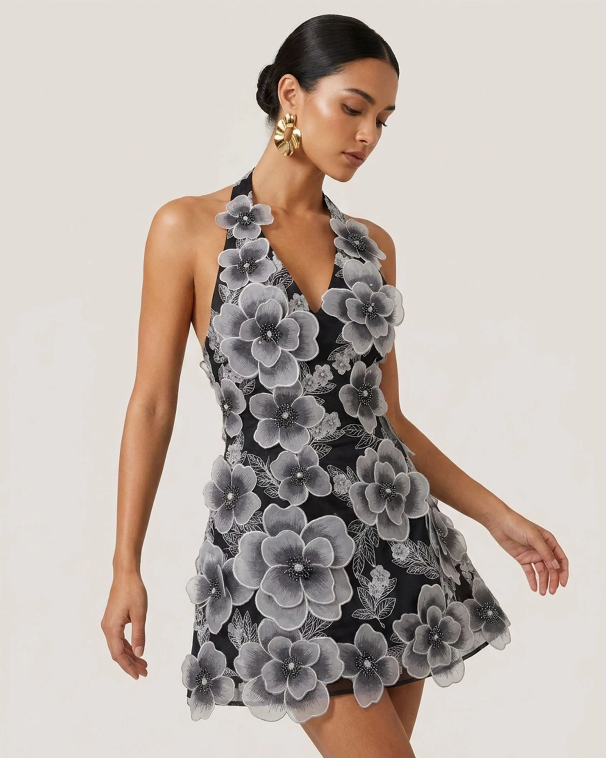 Floral Embroidered Plunge Halter Mini Dress - Black - Image 2