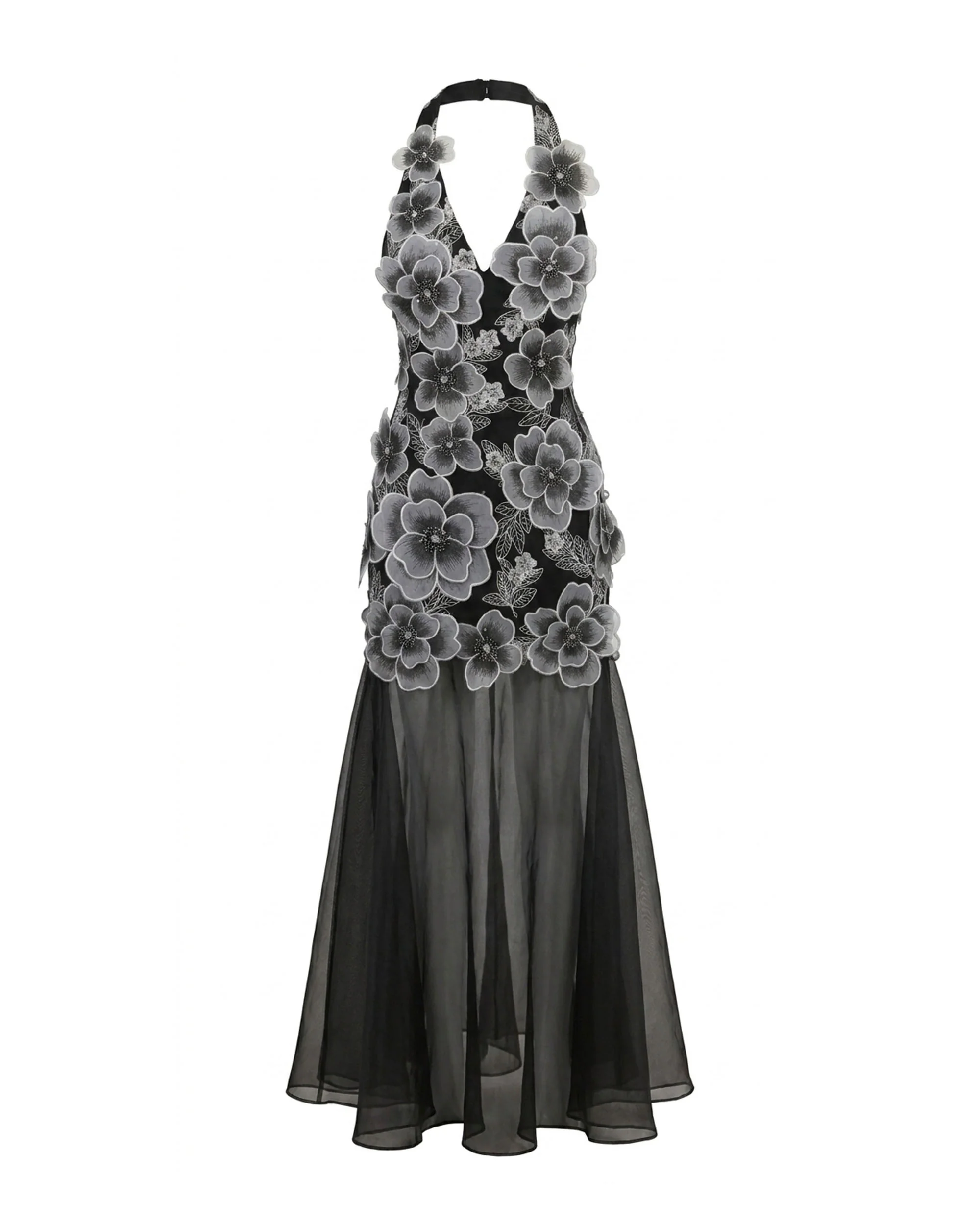 Floral Embroidered Sheer Overlay Maxi Dress - Black - Image 3