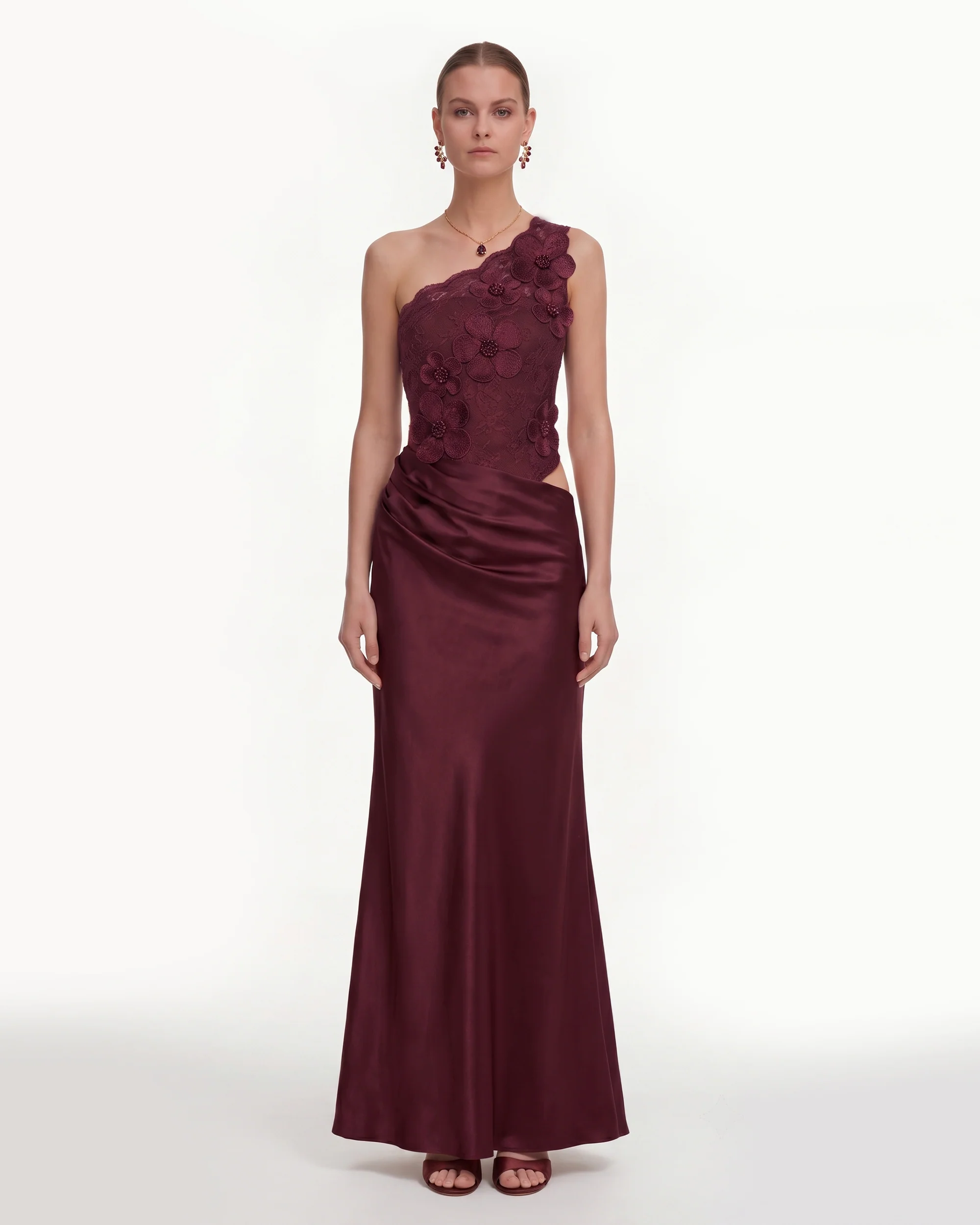 Floral One Shoulder Satin Dress - Burgundy