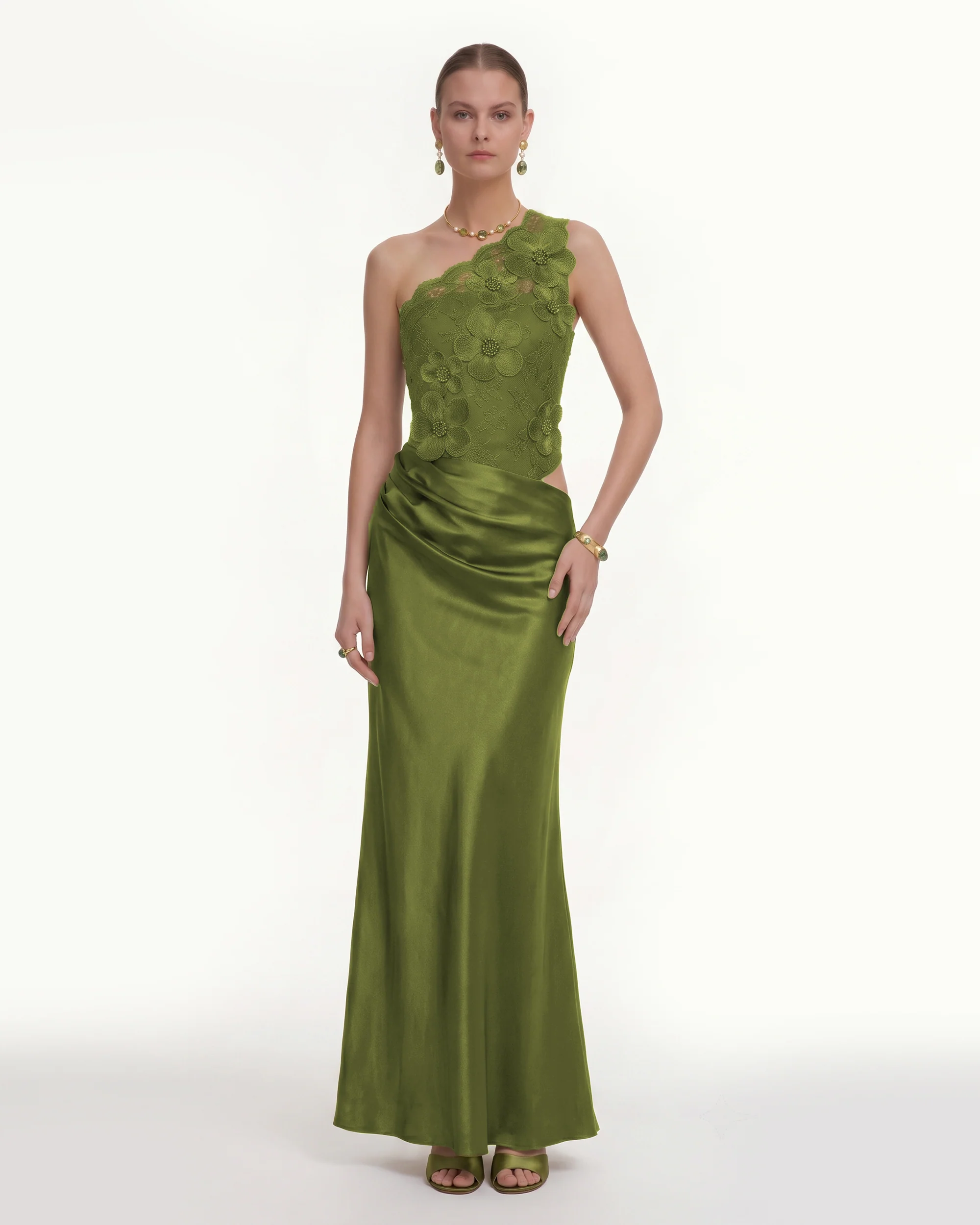 Floral One Shoulder Satin Dress - Olive Green