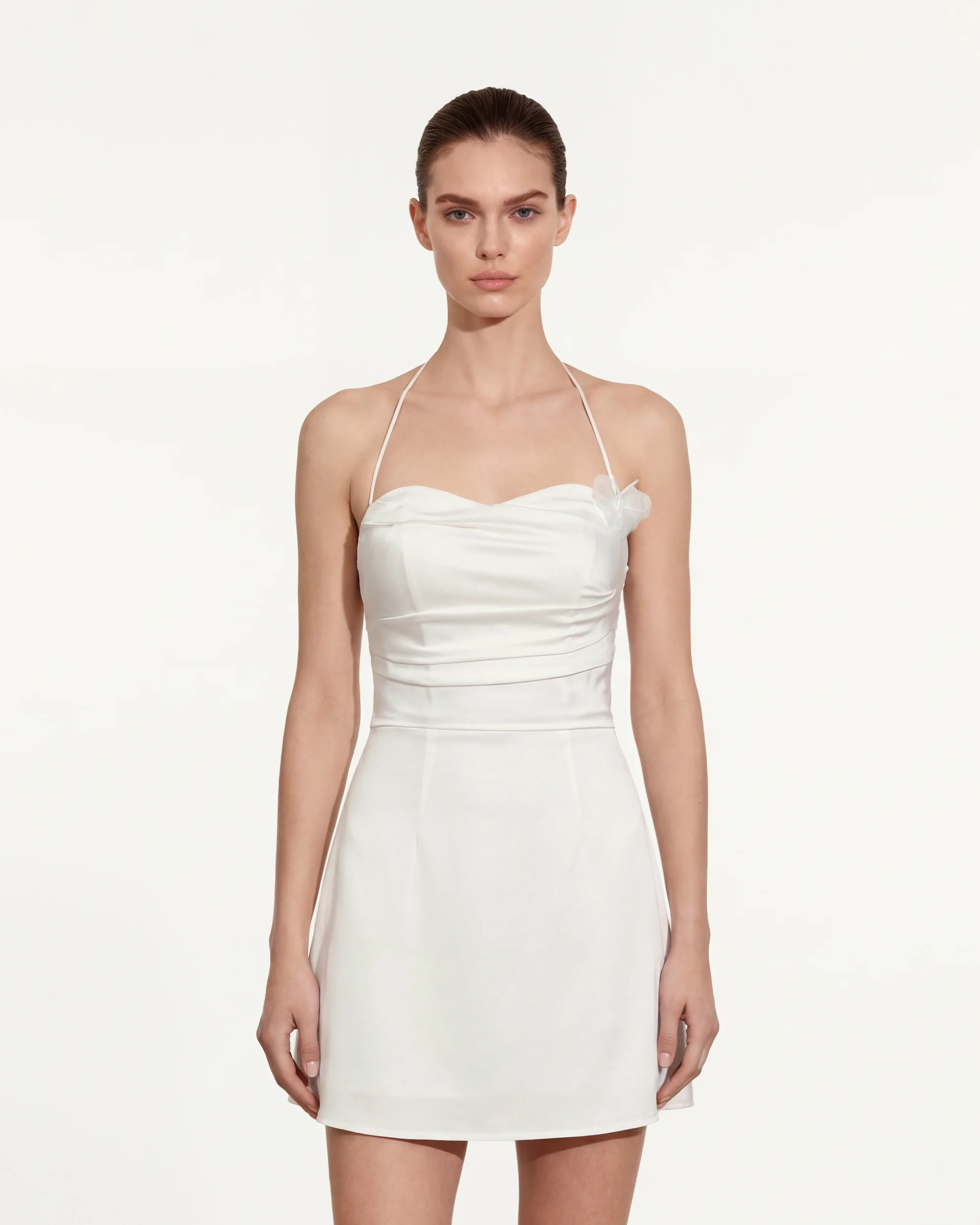 Floral Ruched Halter Mini Dress - White - Image 2