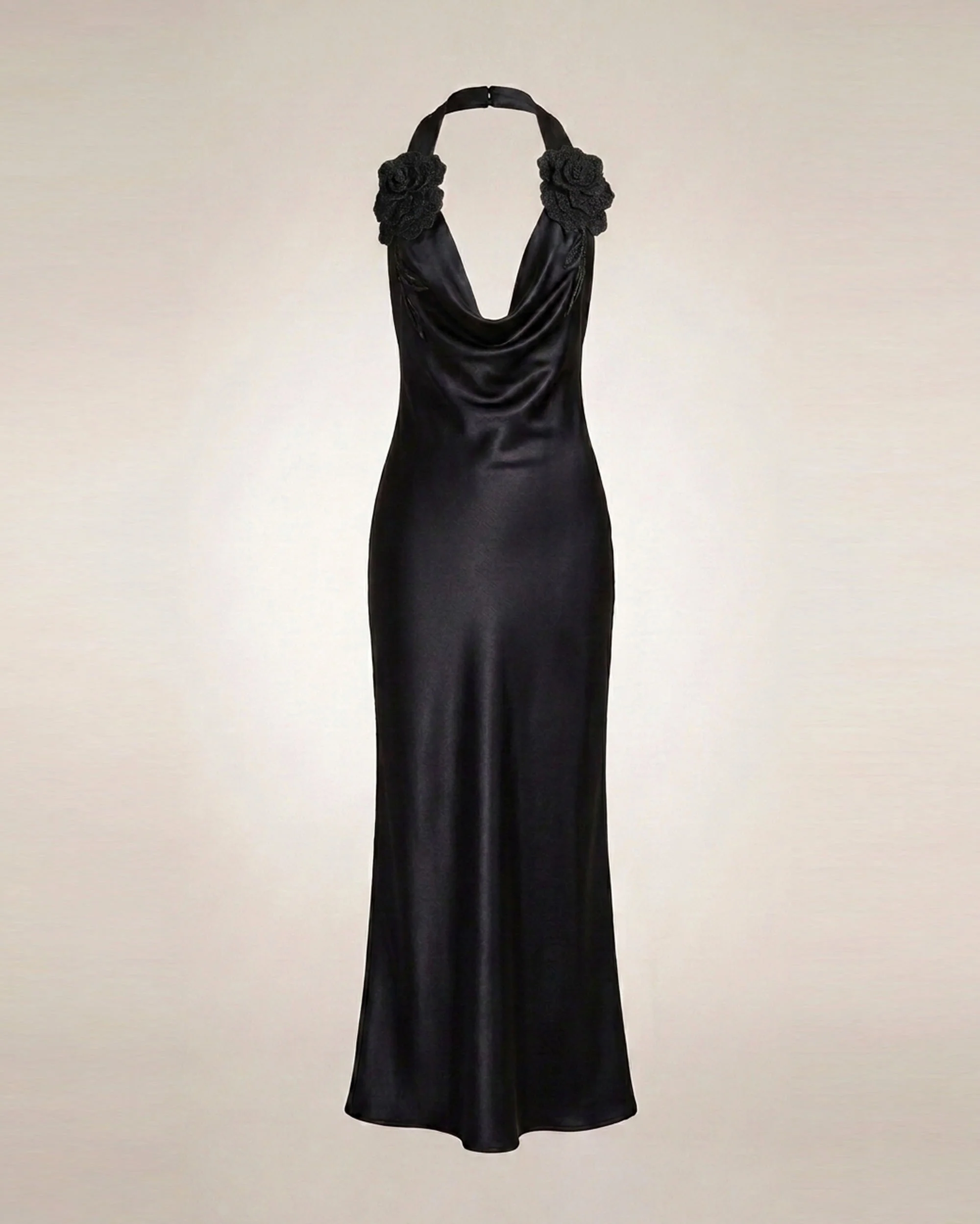 Flower Embroidered Cowl Halter Maxi Dress - Black - Image 2