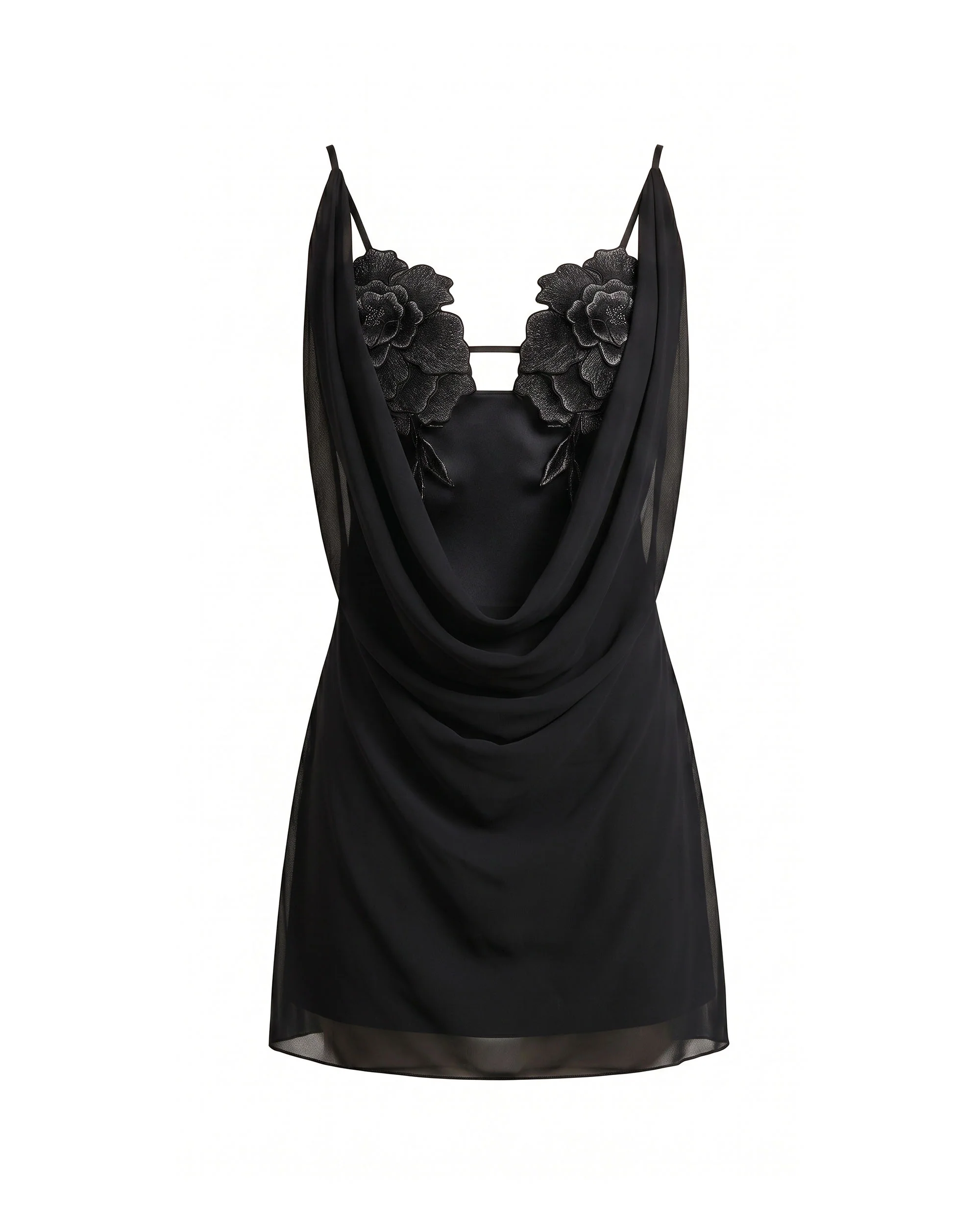 Flower Embroidered Cowl Neck Mini Dress - Black - Image 3