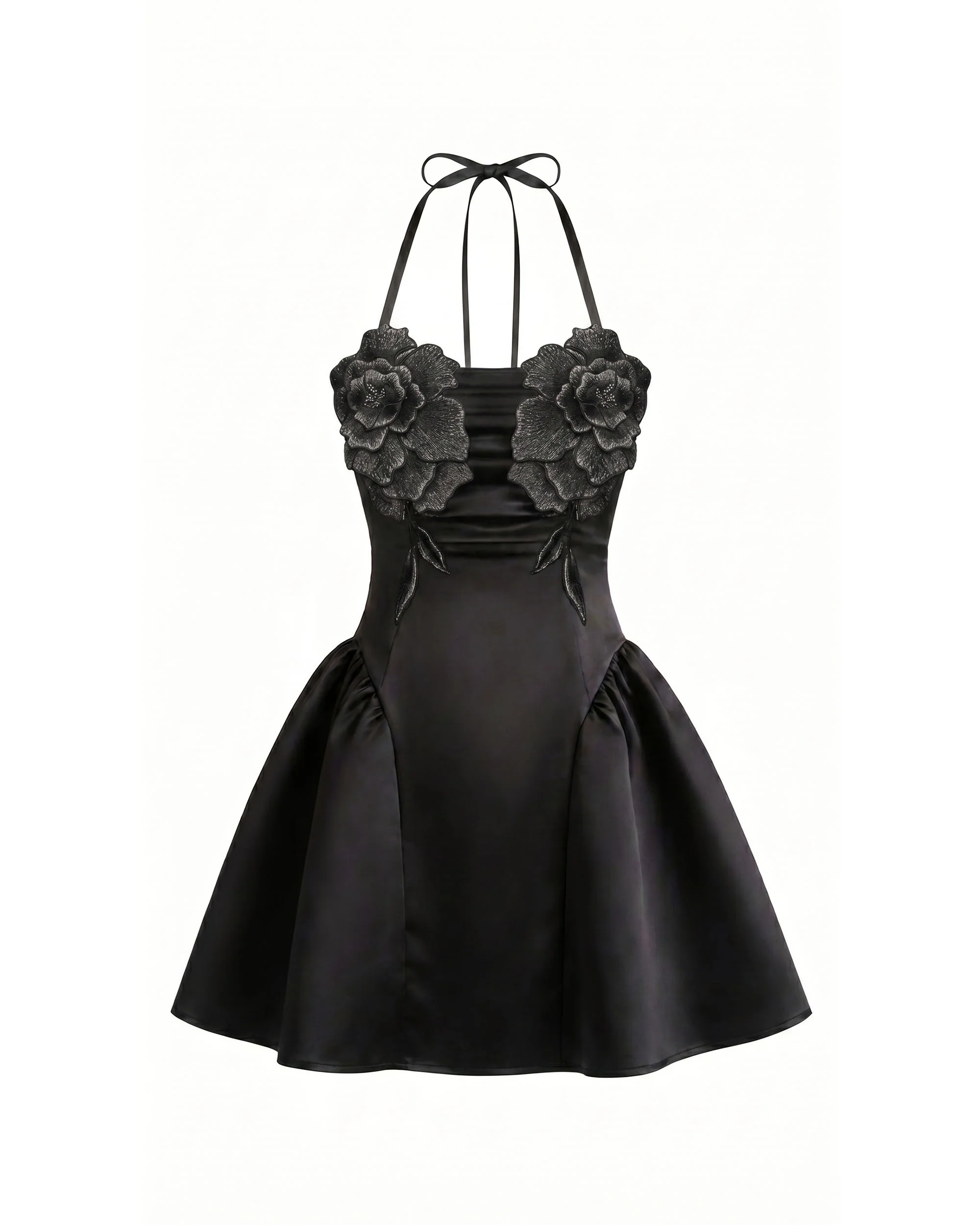 Flower Embroidered Halter Mini Dress - Black - Image 2