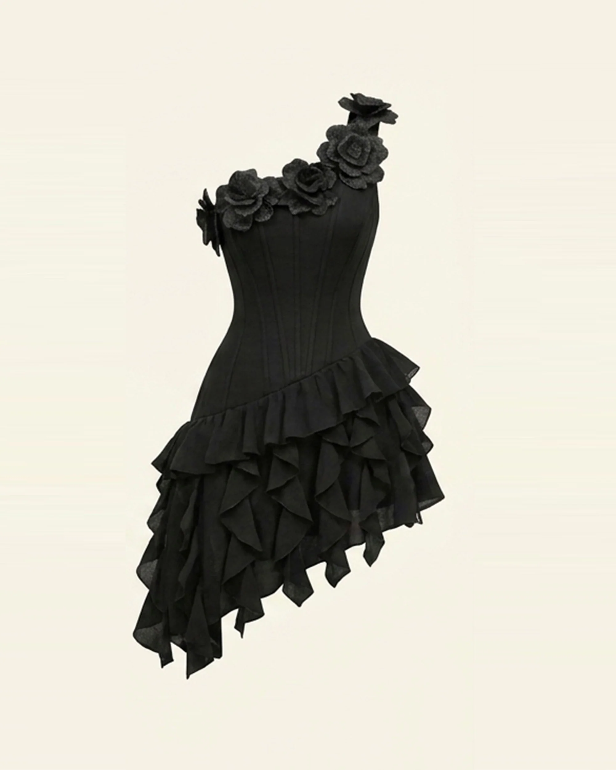 Flower Embroidered One-Shoulder Corset Mini Dress - Black - Image 2