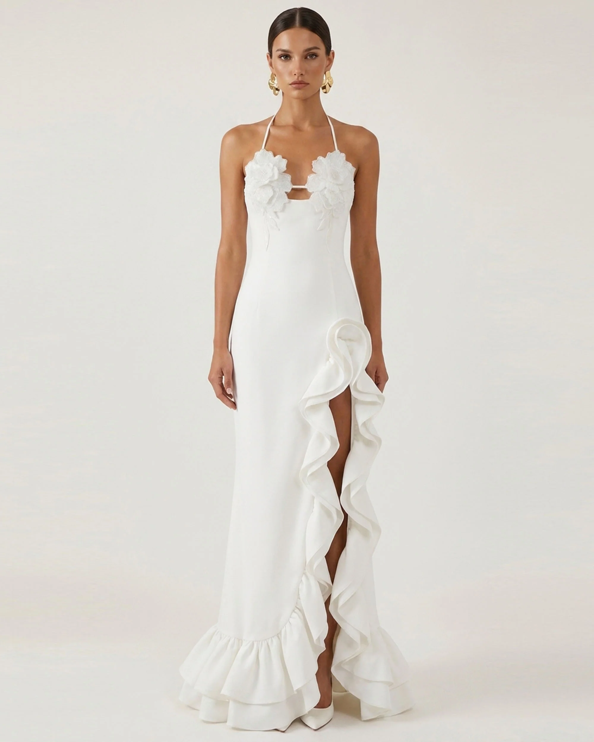 Flower Embroidered Ruffle Maxi Dress - White