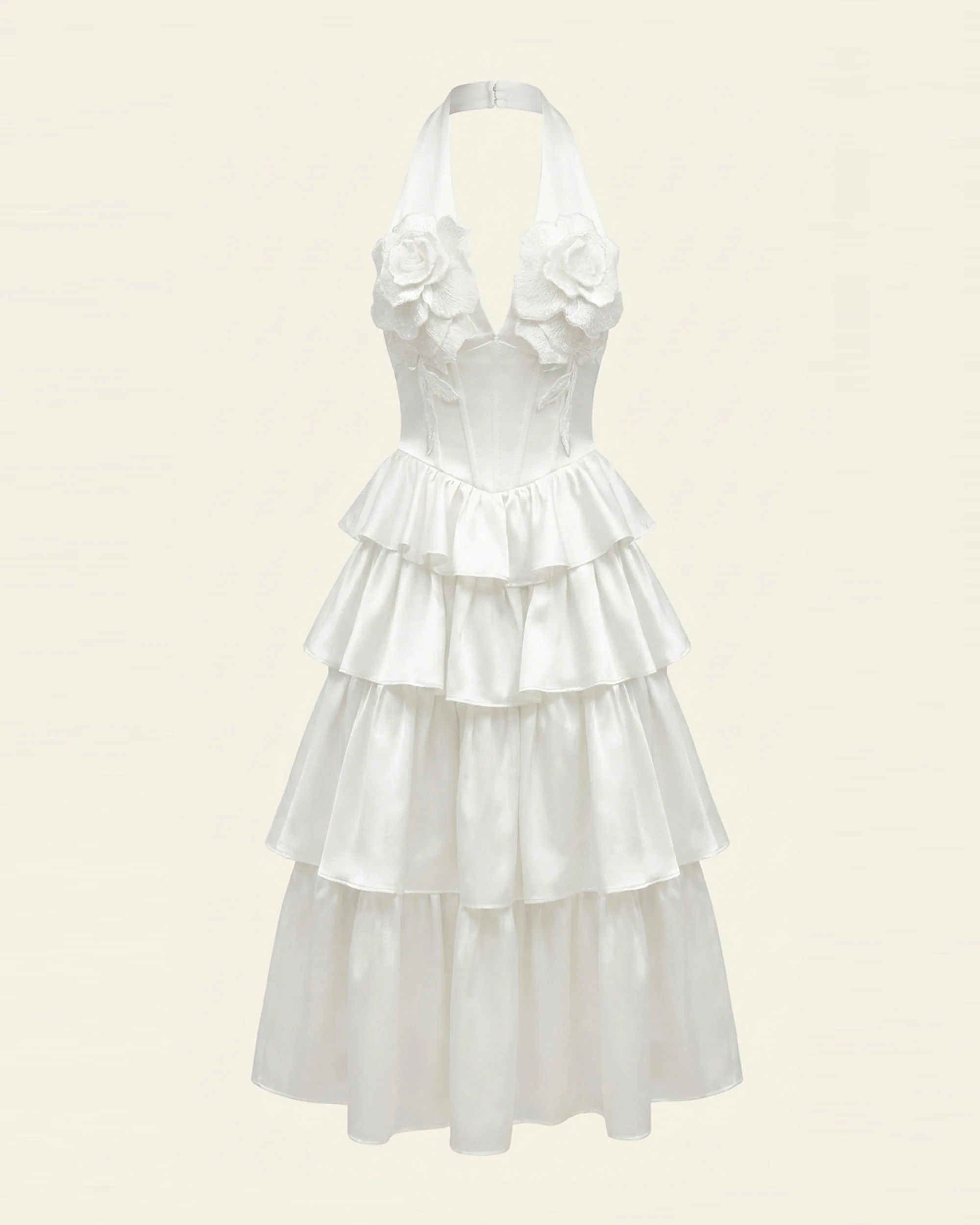 Flower Embroidered Tiered Halter Midi Dress - White - Image 2