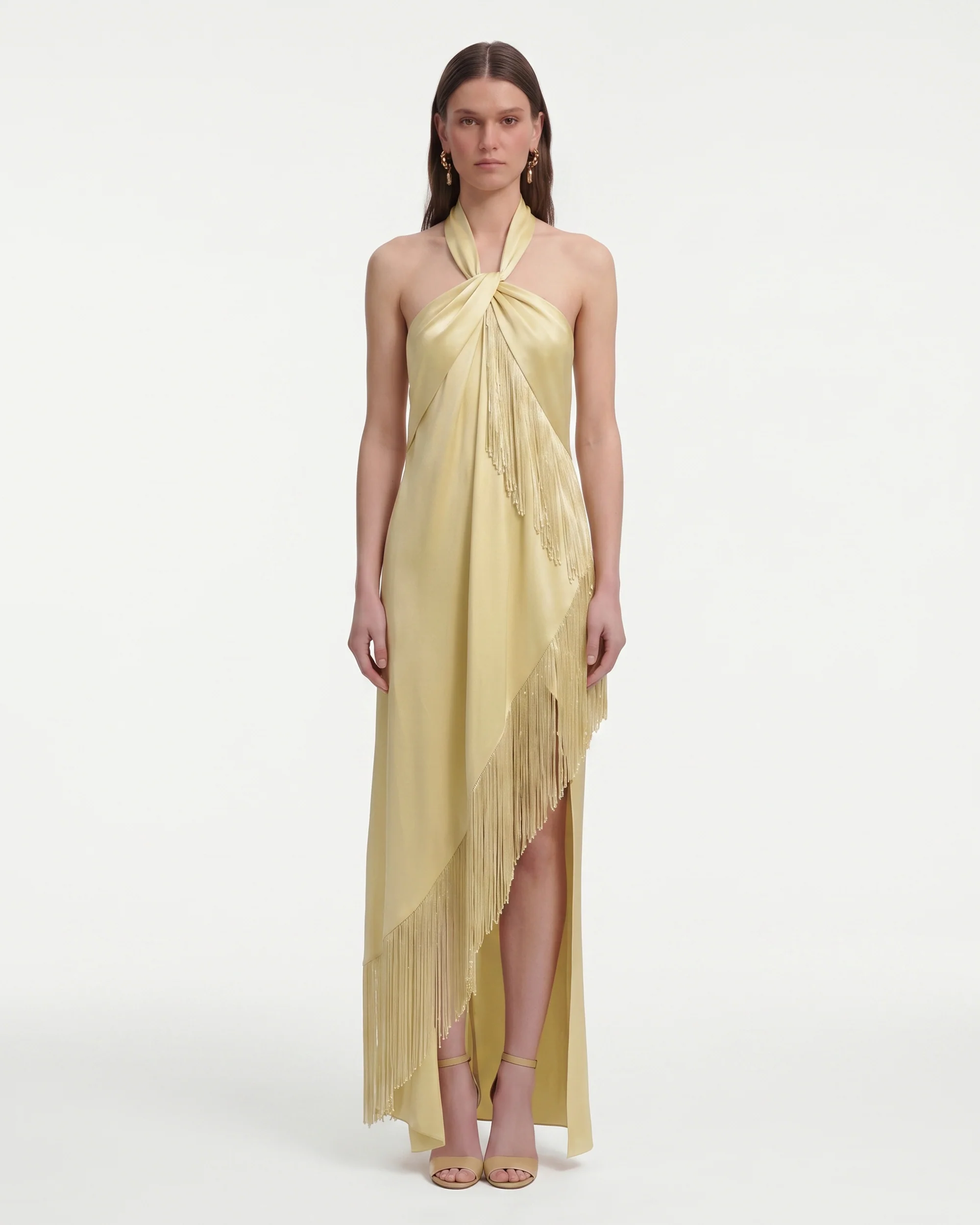Fringe Halter Draped Satin Maxi Dress - Champagne