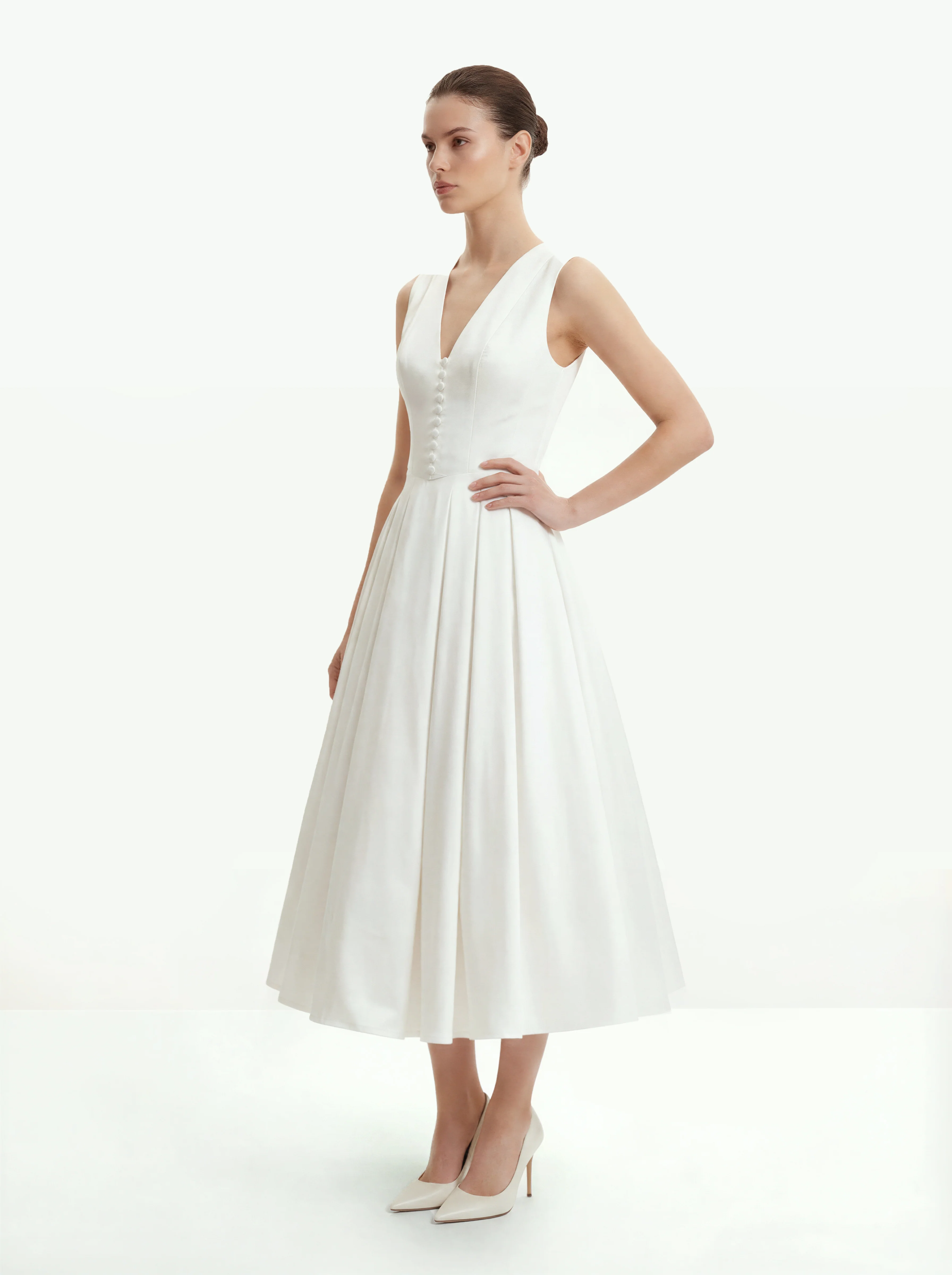 Front V-Neck Pleated Midi Dress - White - Image 2