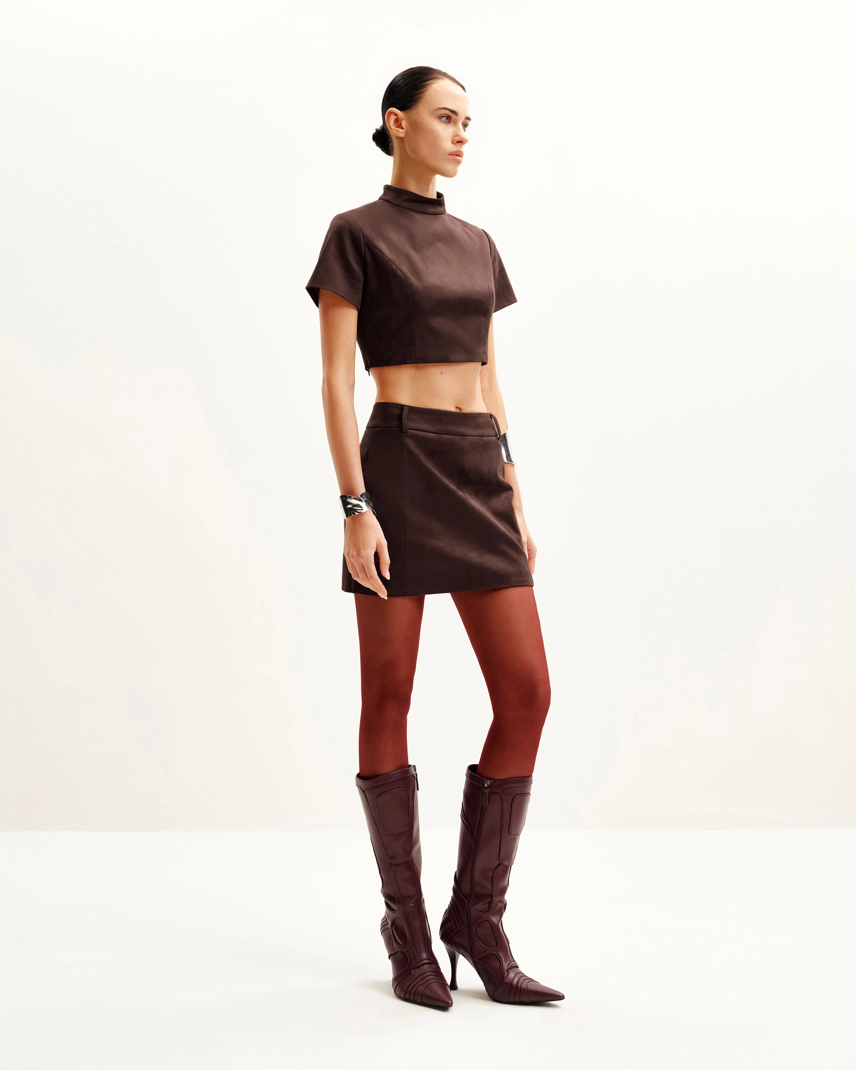 Grace Faux Suede Crop Top and Mini Skirt Set - Chocolate Brown - Image 2