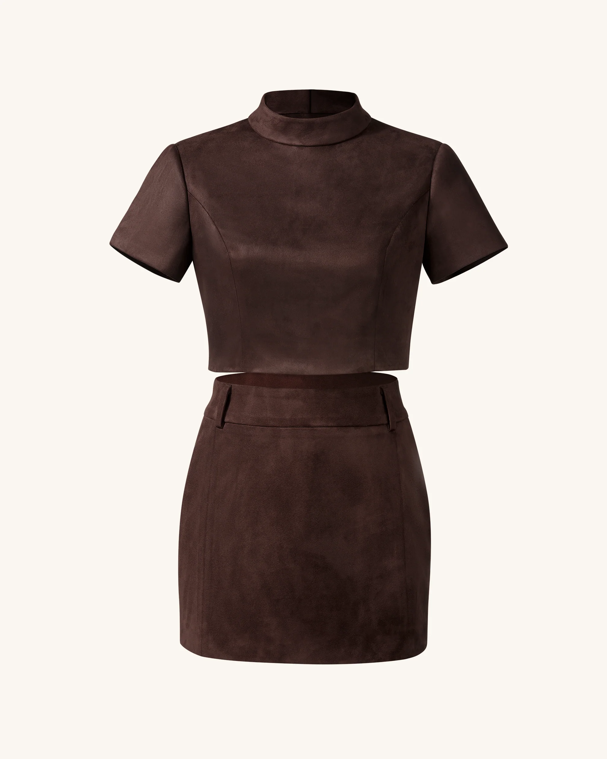Grace Faux Suede Crop Top and Mini Skirt Set - Chocolate Brown - Image 4
