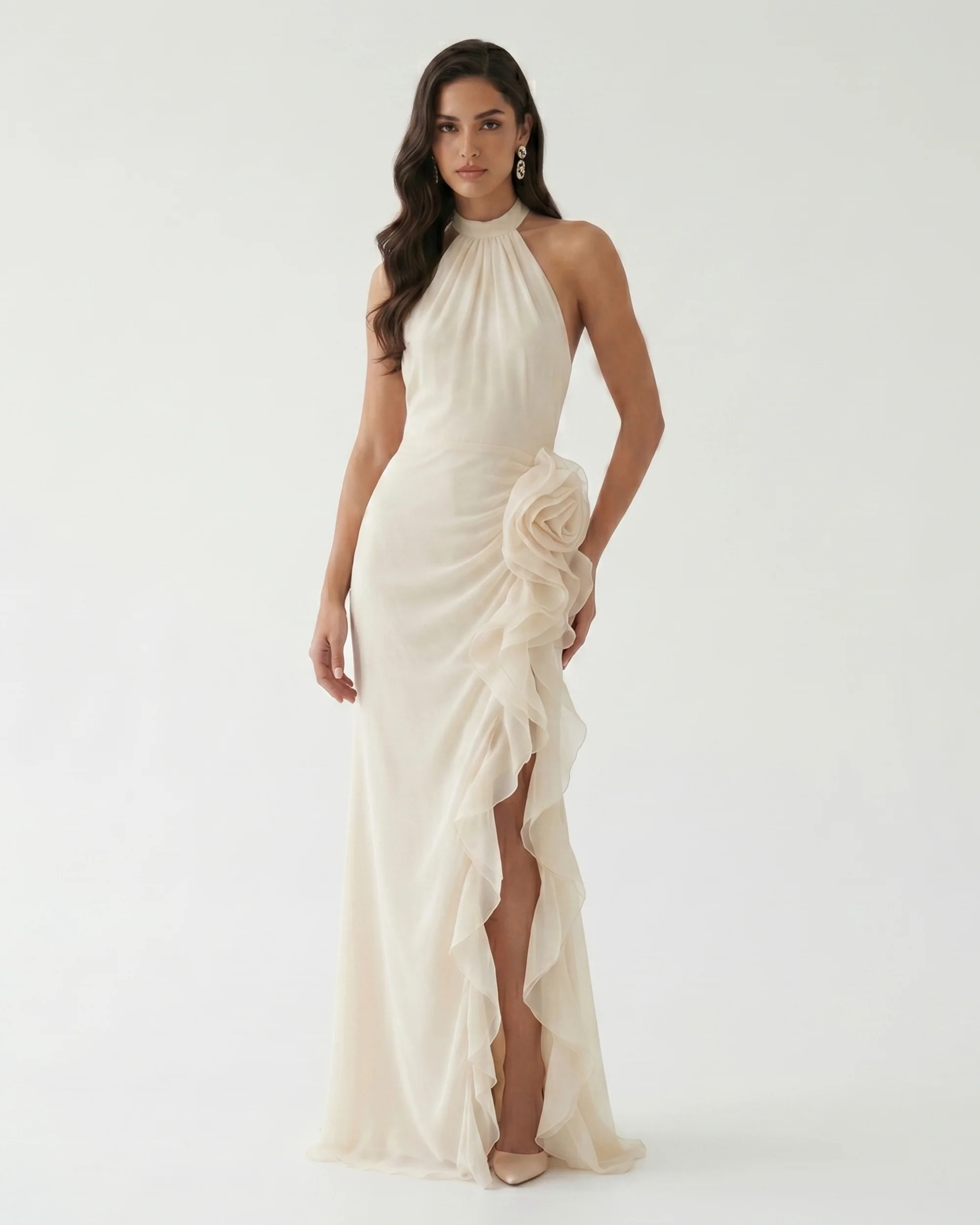 Halter Ruffle Rosette Slit Maxi Dress - Ivory