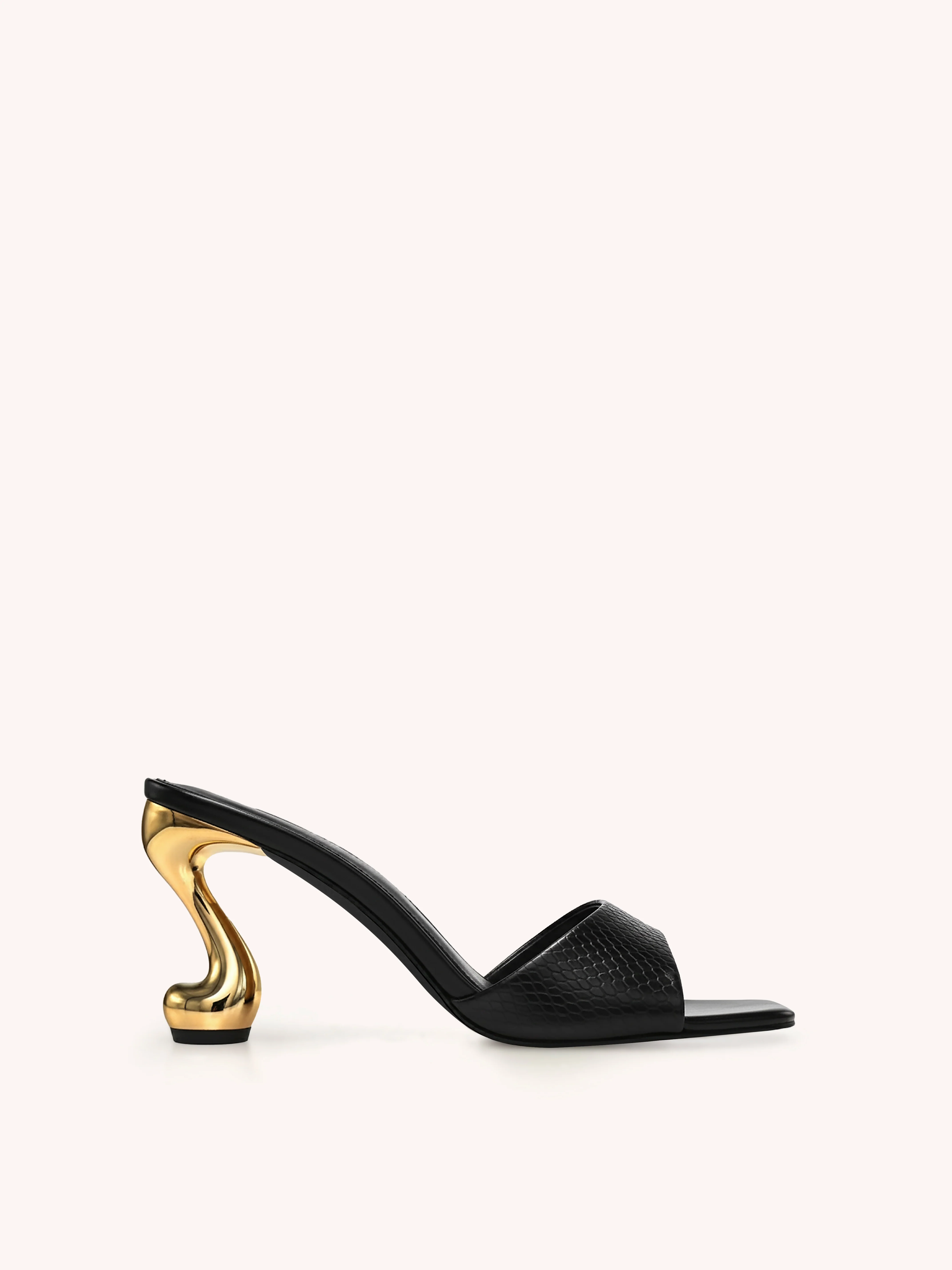 Hannah Faux Snakeskin Heel Mules - Black