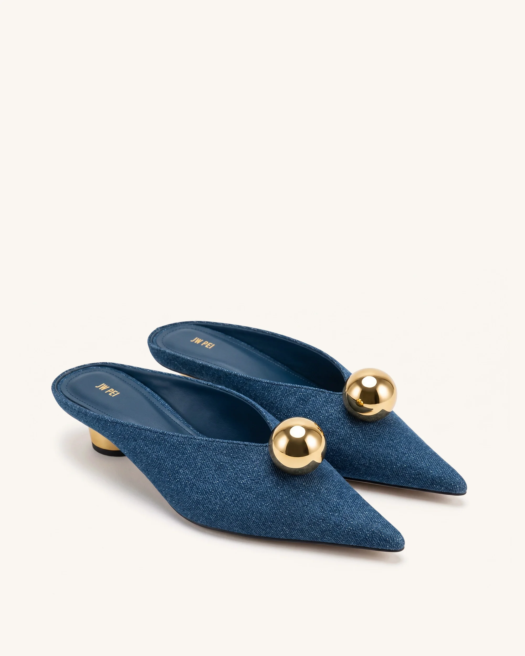 Helena Gold Sphere Pointed Toe Mules - Denim Blue - Image 2