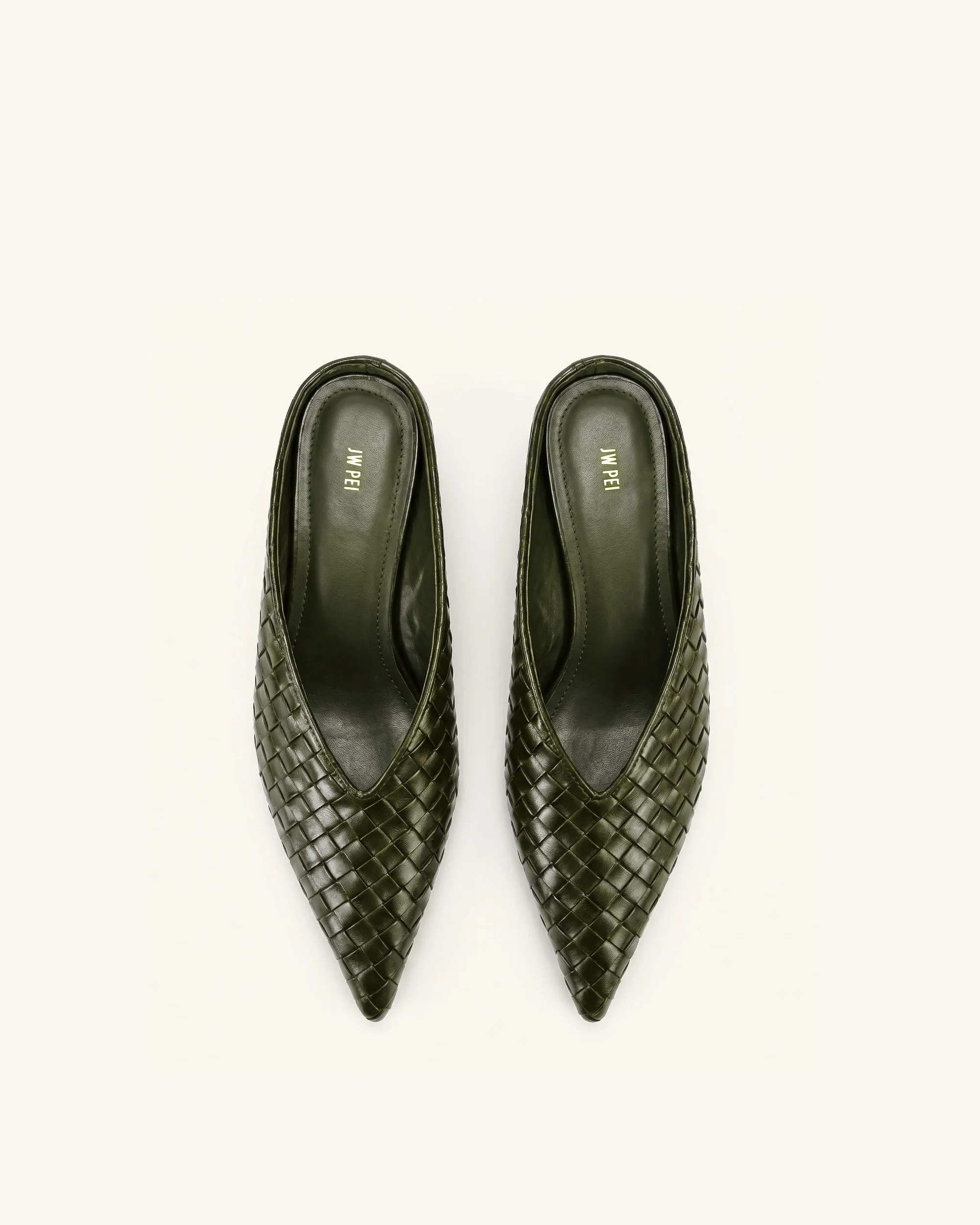Helena Woven Textured Pointed Toe Mules - Olive Green - Image 3