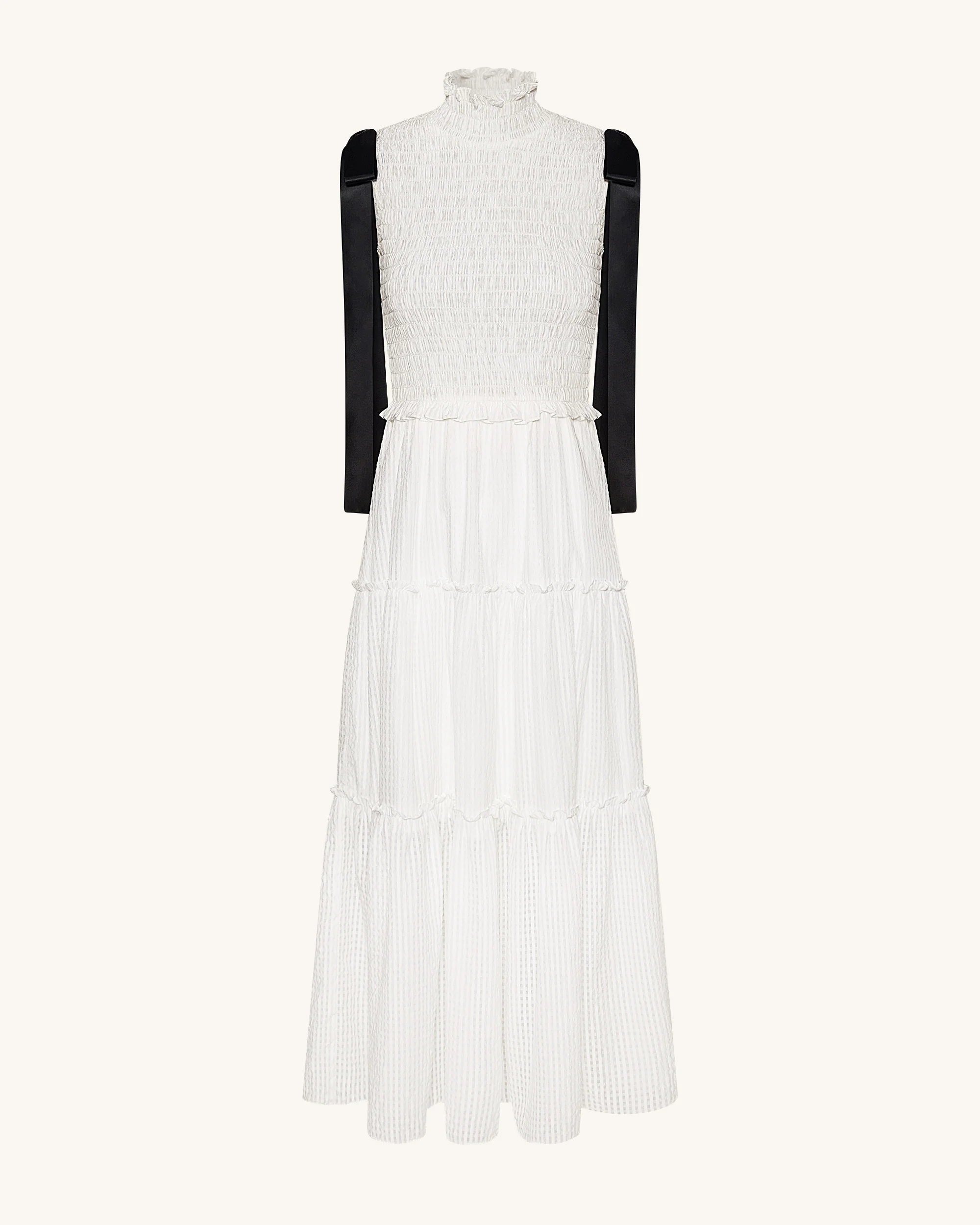 High-Neck Sleeveless Smocked Three-Tier Maxi Dress - White - Image 2