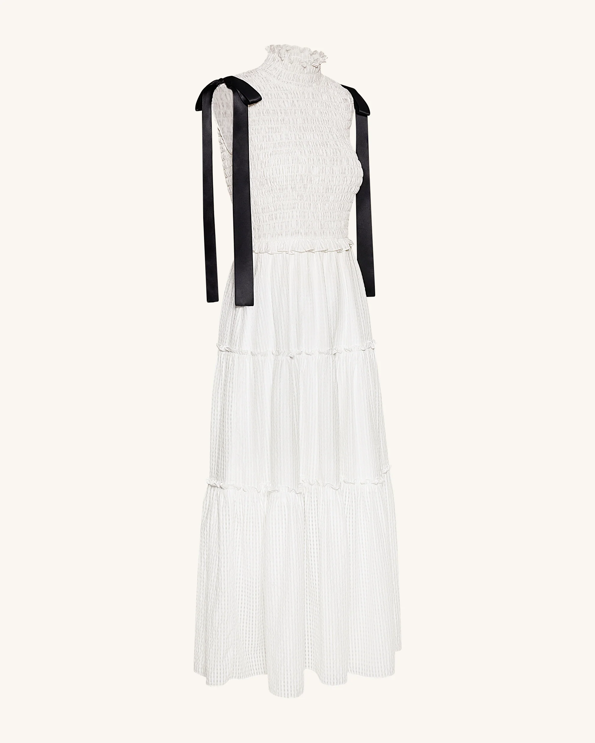 High-Neck Sleeveless Smocked Three-Tier Maxi Dress - White - Image 3