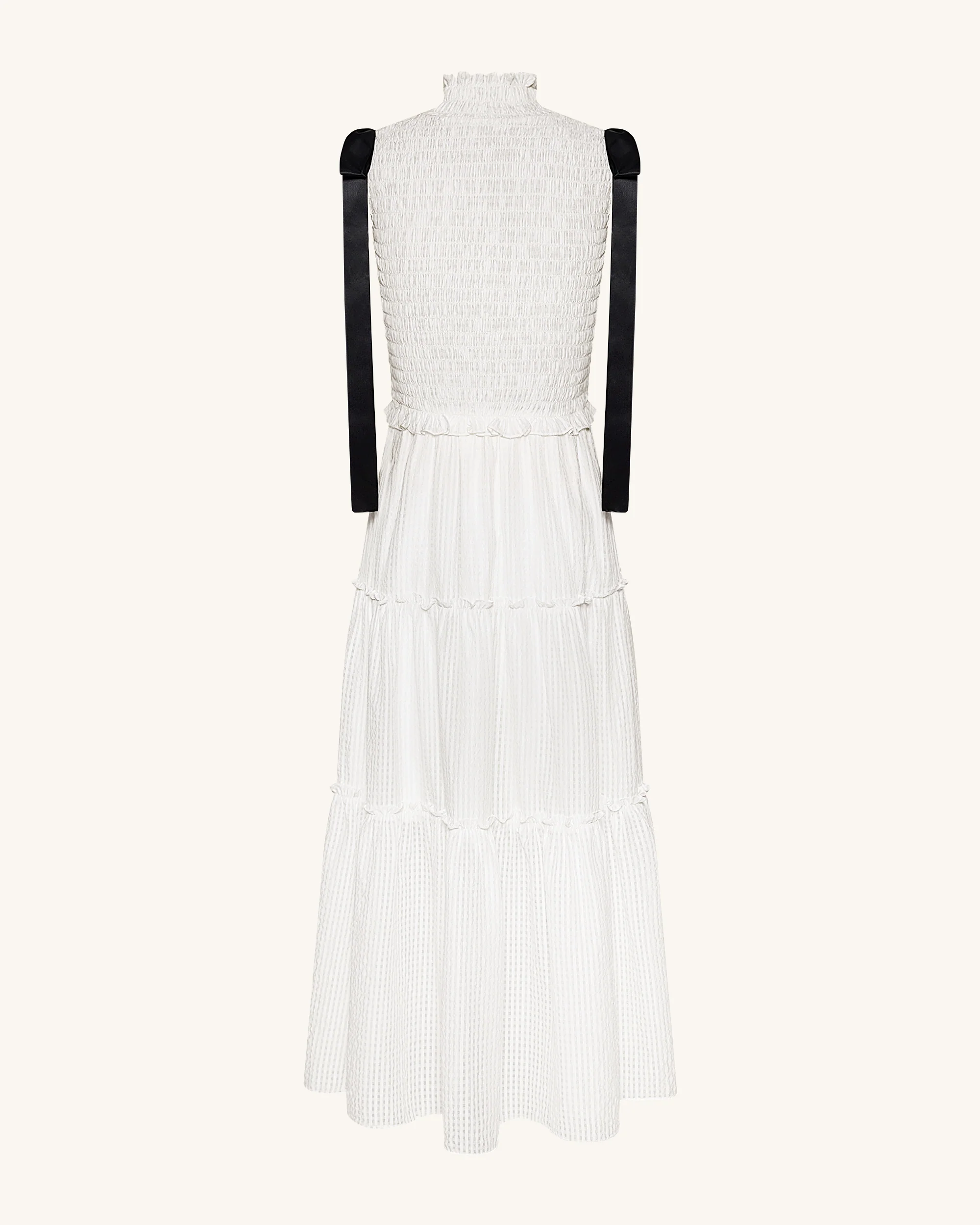High-Neck Sleeveless Smocked Three-Tier Maxi Dress - White - Image 4