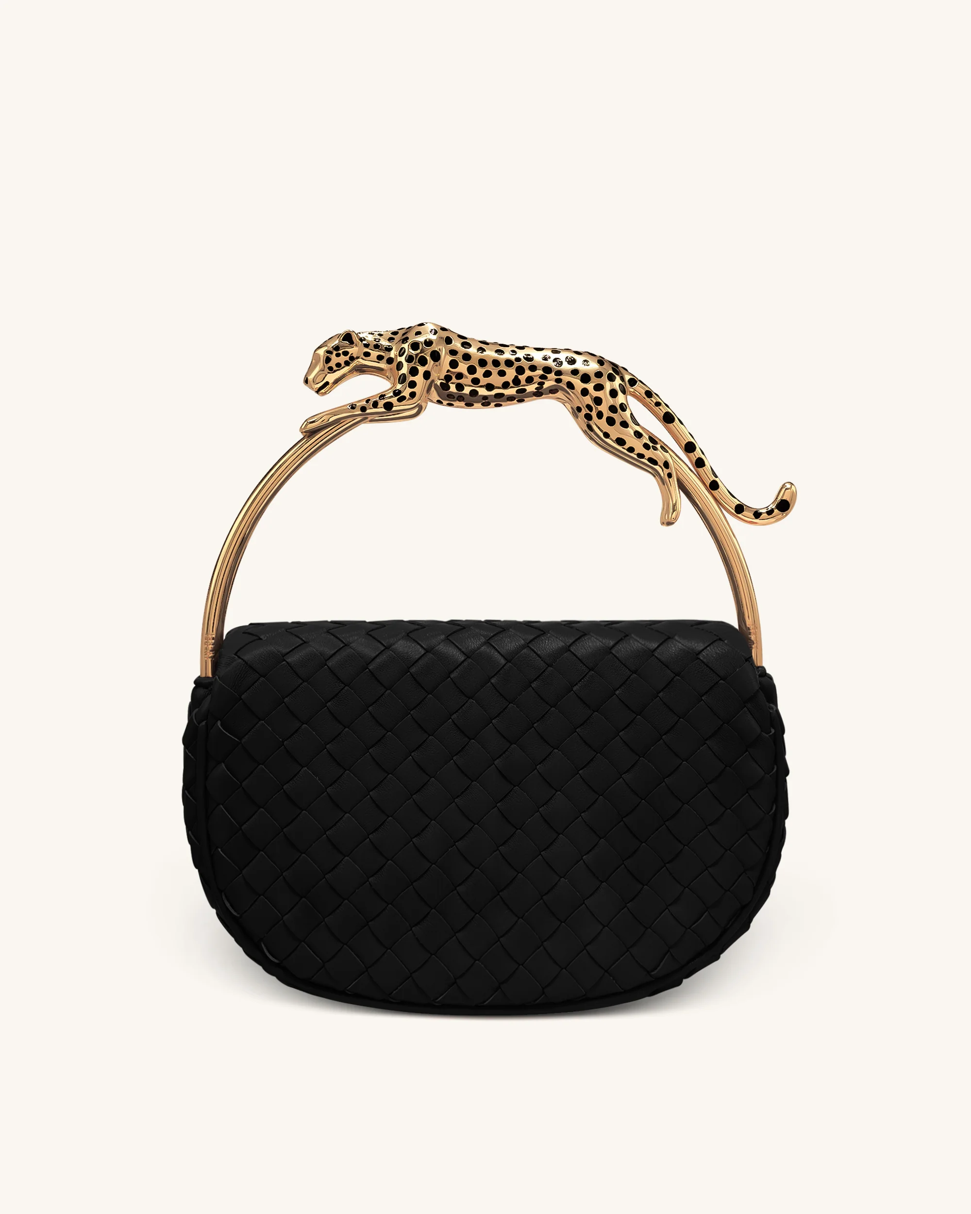 Ione Leopard Shaped Hardware Handle Woven Top Handle Bag - Black - Image 3